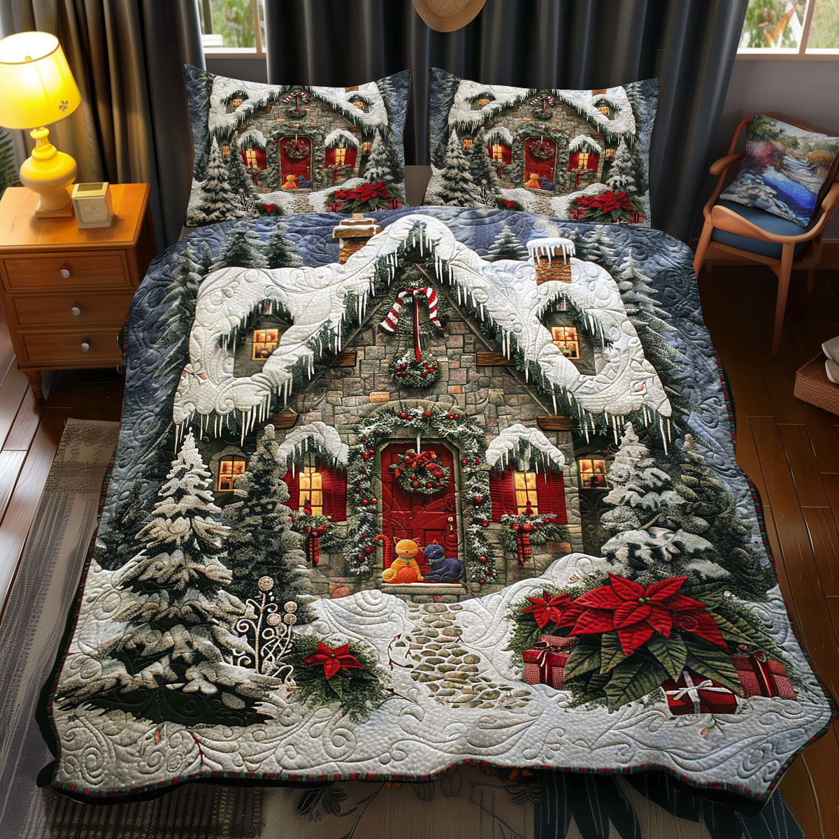 Christmas House Decoration Quilt Bedding Set Full Size Comforter Holiday Gift for Family