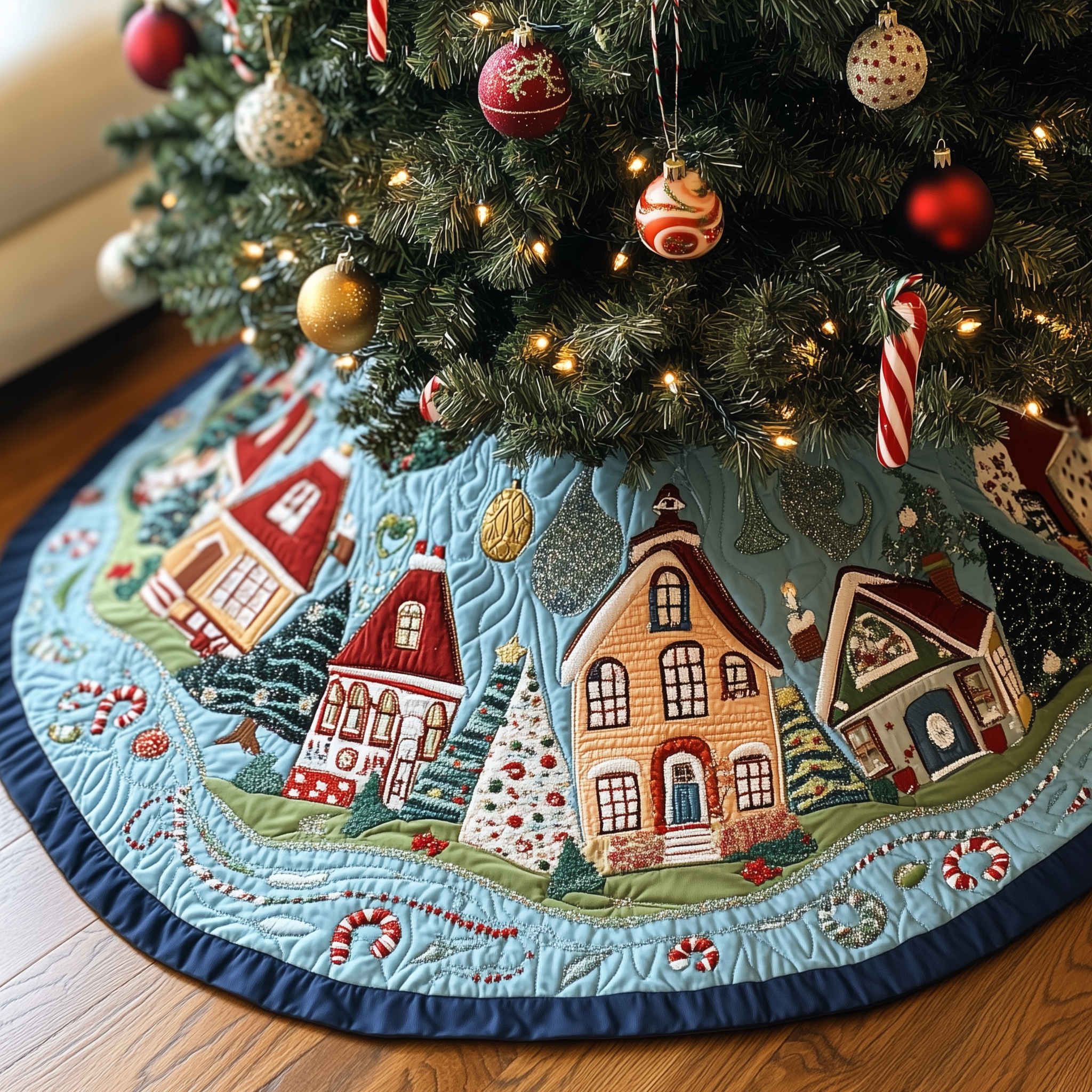 Christmas House Quilted Tree Skirt Best Holiday Xmas Surround Tree Base Cover Indoor Decorations Xmas Presents