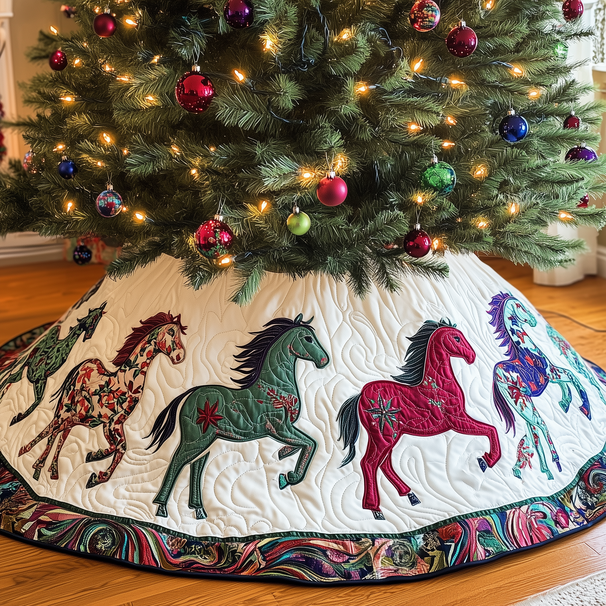 Christmas House Quilted Tree Skirt Cute Holiday Xmas Surround Tree Base Cover Indoor Home Decorations Gift