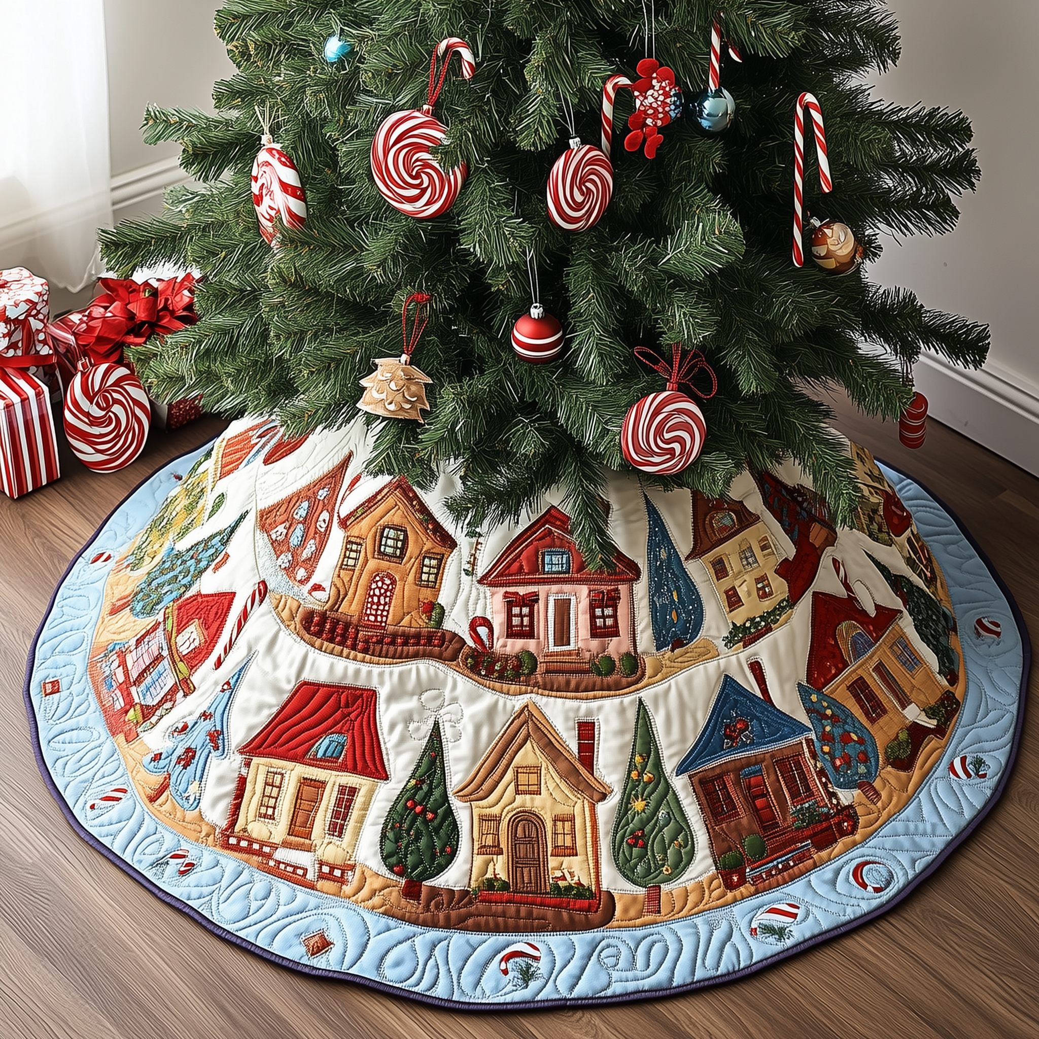 Christmas House Quilted Tree Skirt Lovely Gift Merch For Couples