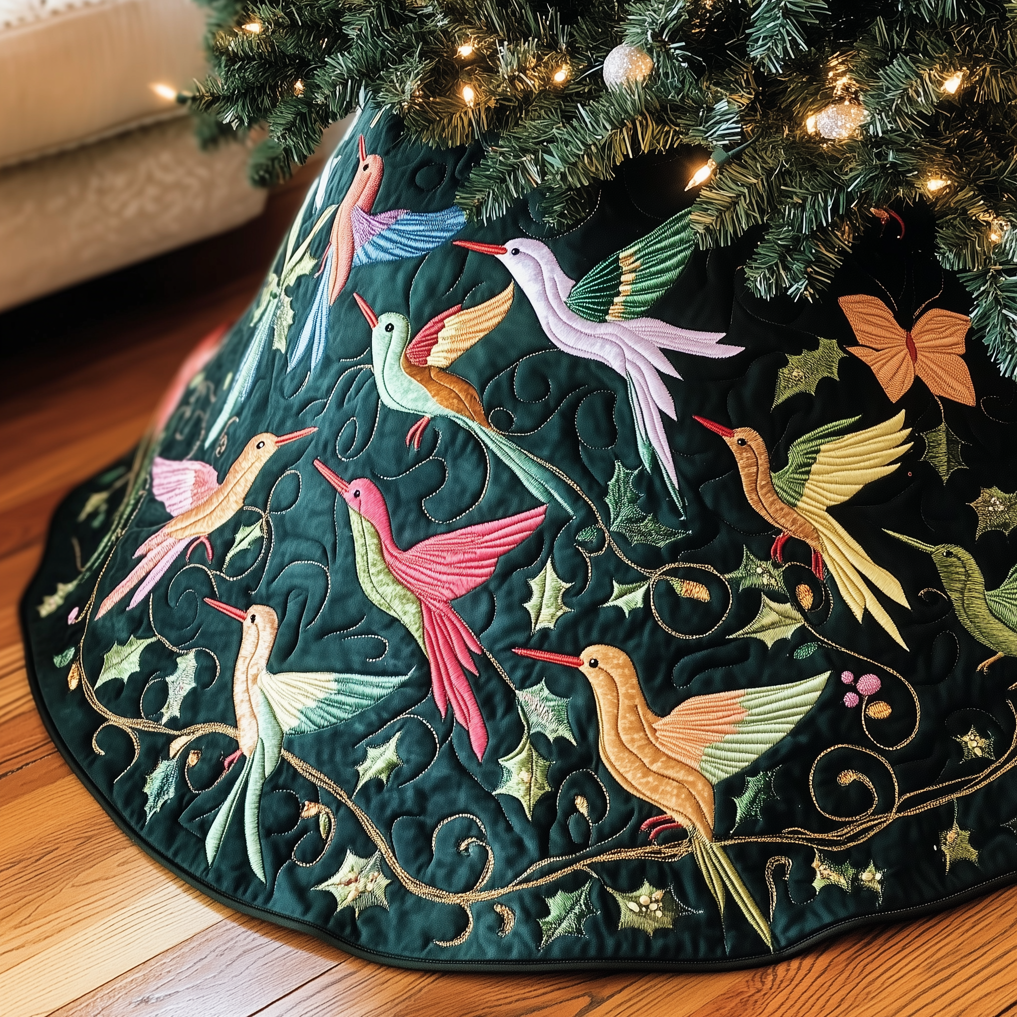 Christmas Humming Bird Quilted Tree Skirt Beautiful Christmas Home Merch