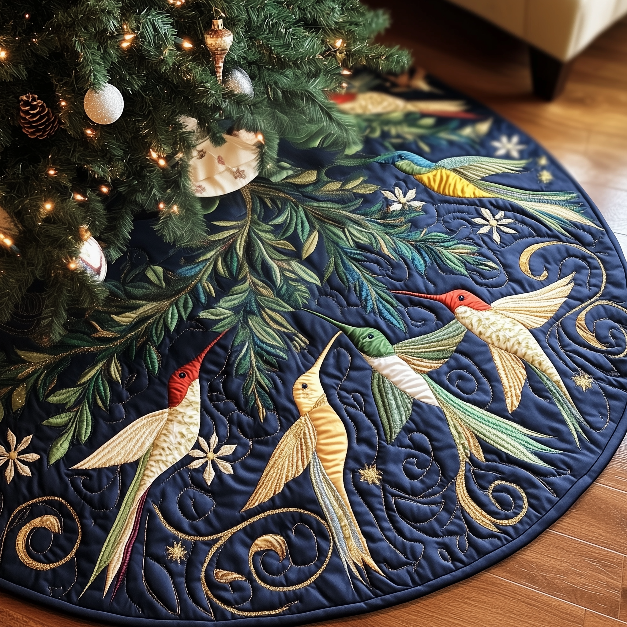 Christmas Humming Bird Quilted Tree Skirt Stylish Holiday Decor Gift Merch
