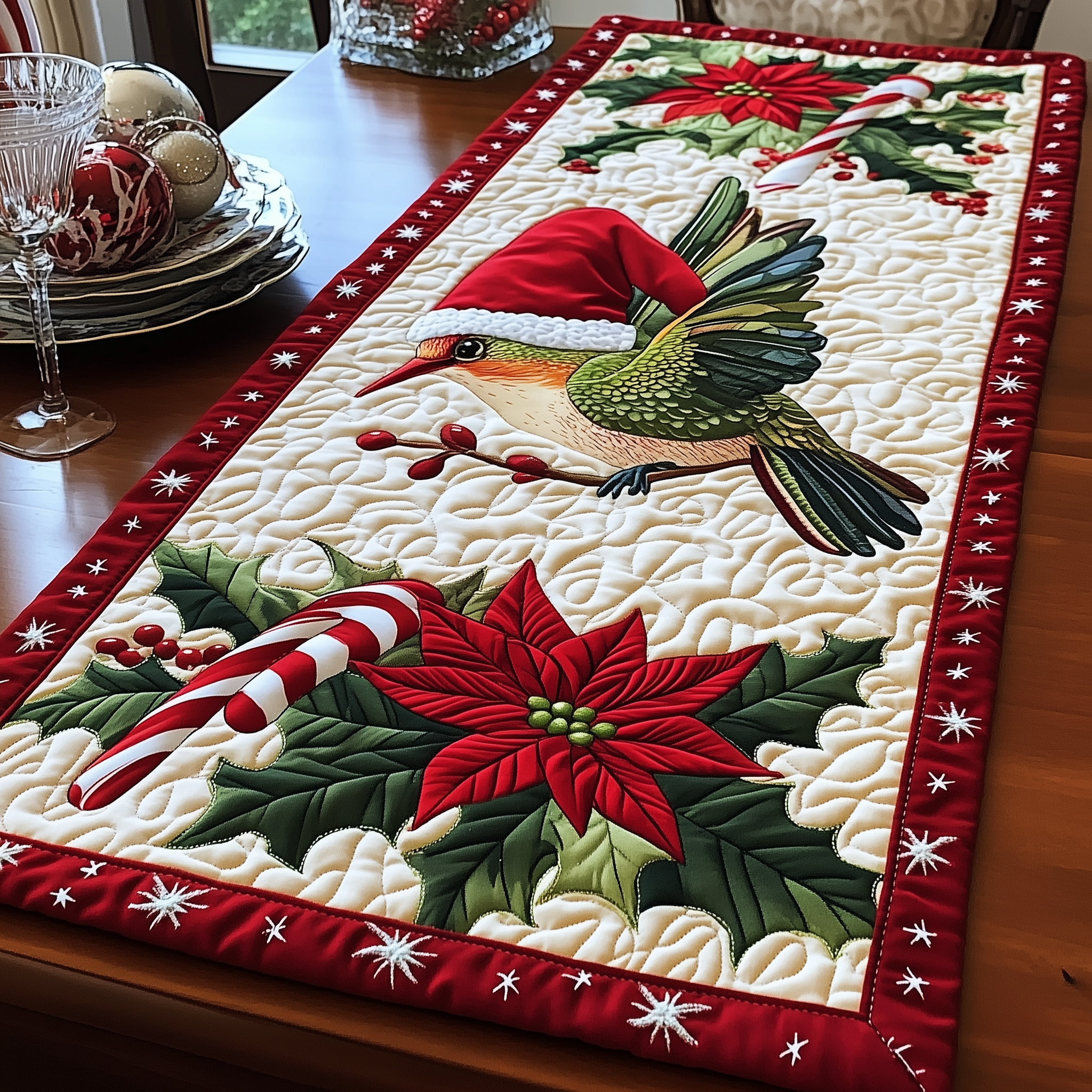Christmas Hummingbird Quilted Table Runner Best Unique Gifts For Hummingbird Lovers