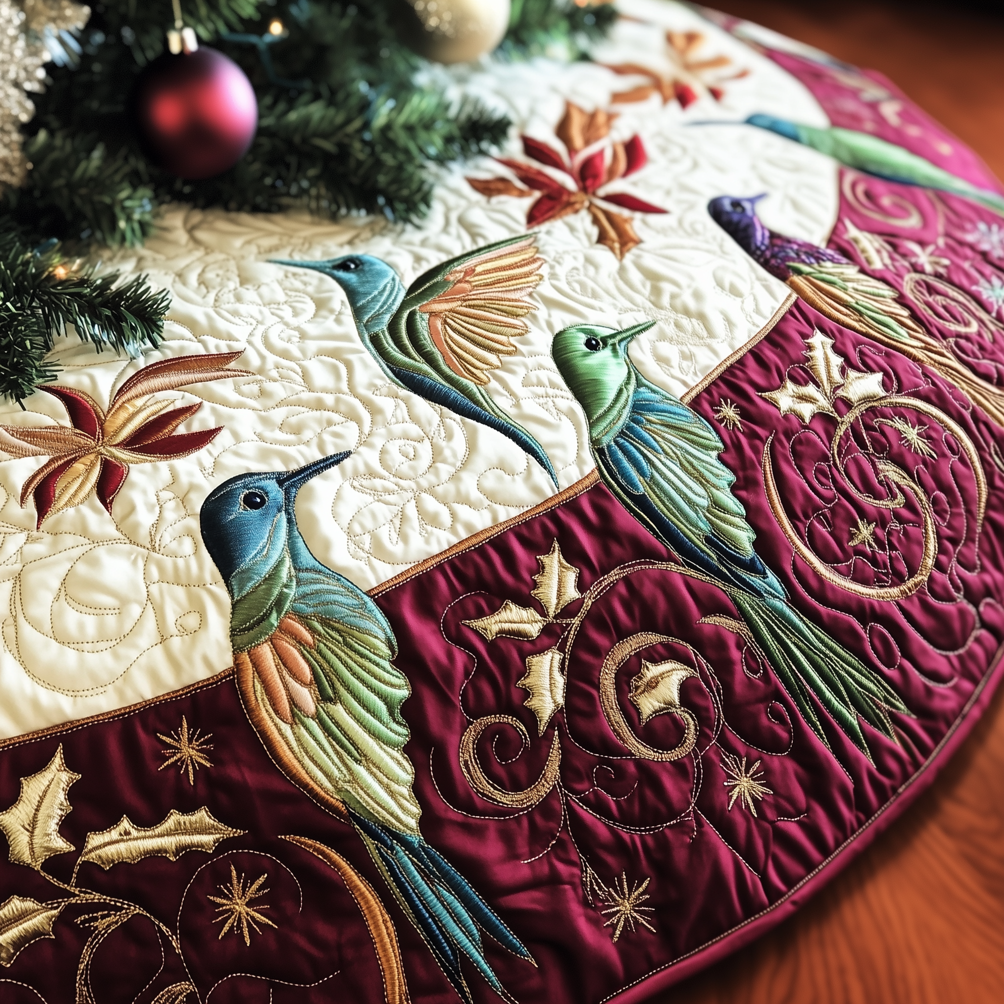 Christmas Hummingbird Quilted Tree Skirt Animal Themed Xmas Home Decor Christmas Gift Ideas