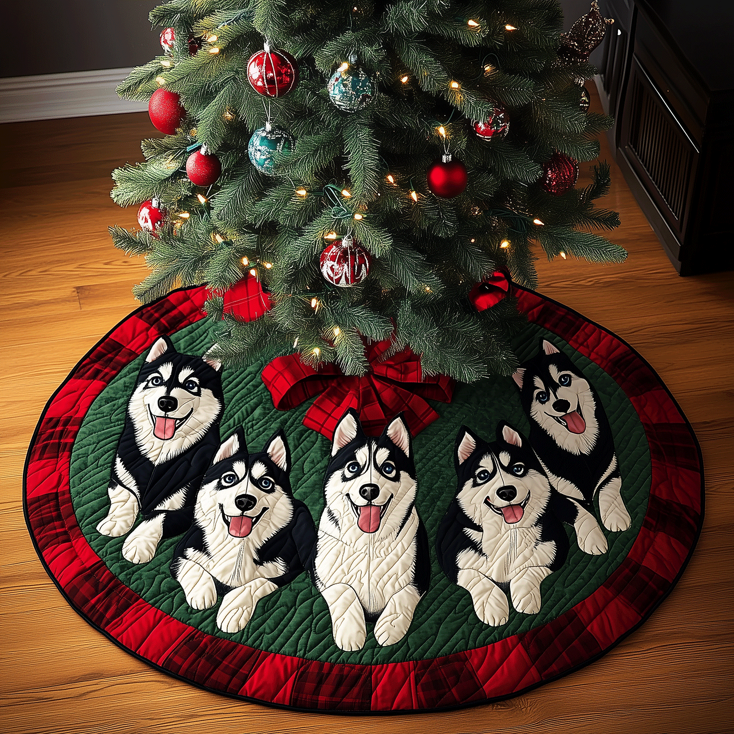 Christmas Husky Delight Quilted Christmas Tree Skirt Seasonal Gift Merch for Festive Homes