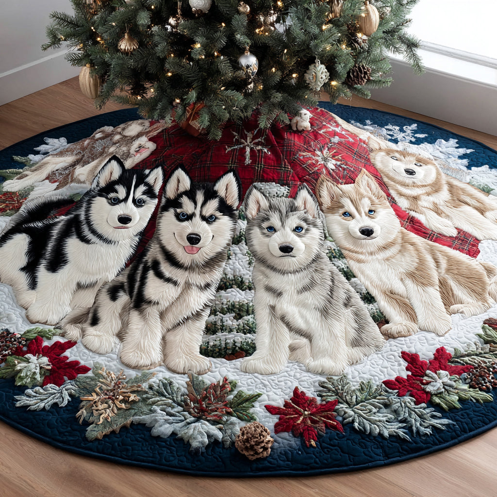 Christmas Husky Night Quilted Christmas Tree Skirt Holiday Decor Christmas Gifts For Husky lover