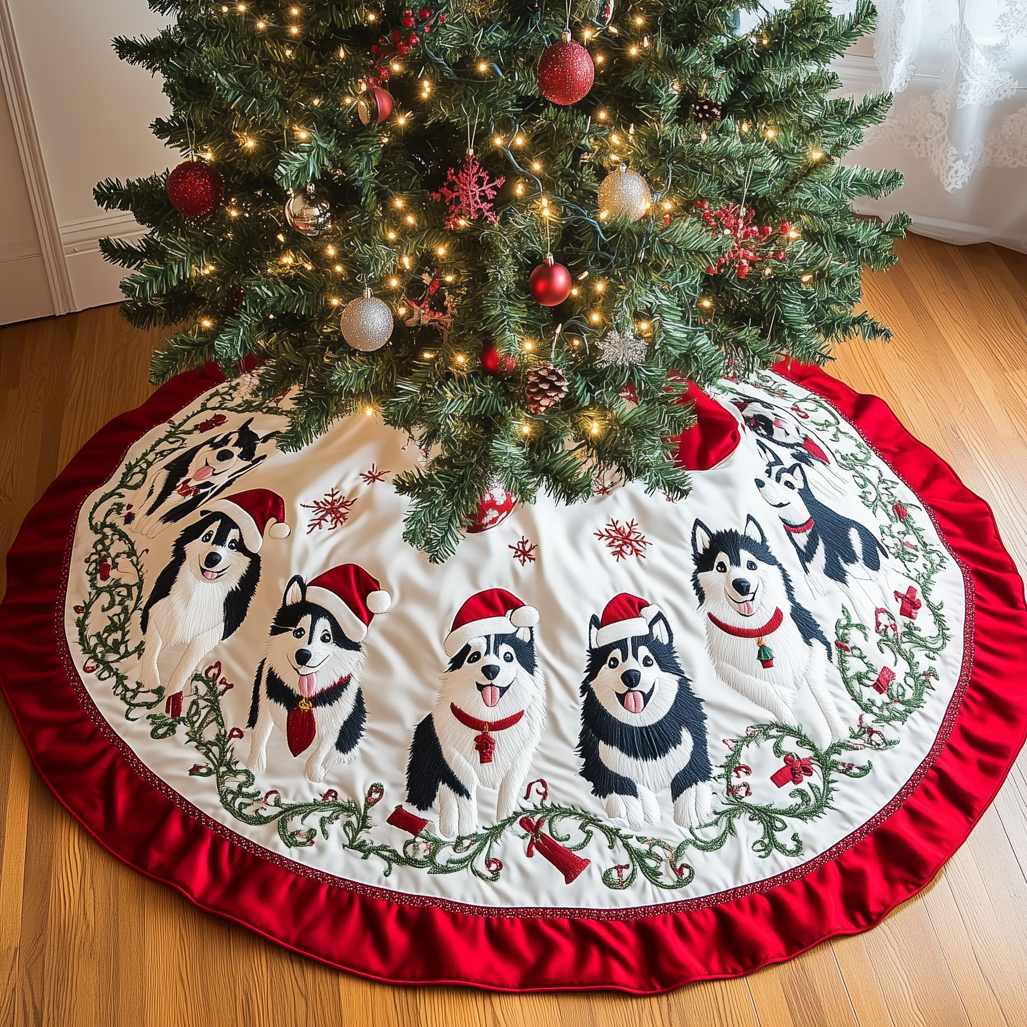 Christmas Husky Quilted Tree Skirt Siberian Husky Christmas Tree Decoration Dog Owners Gifts
