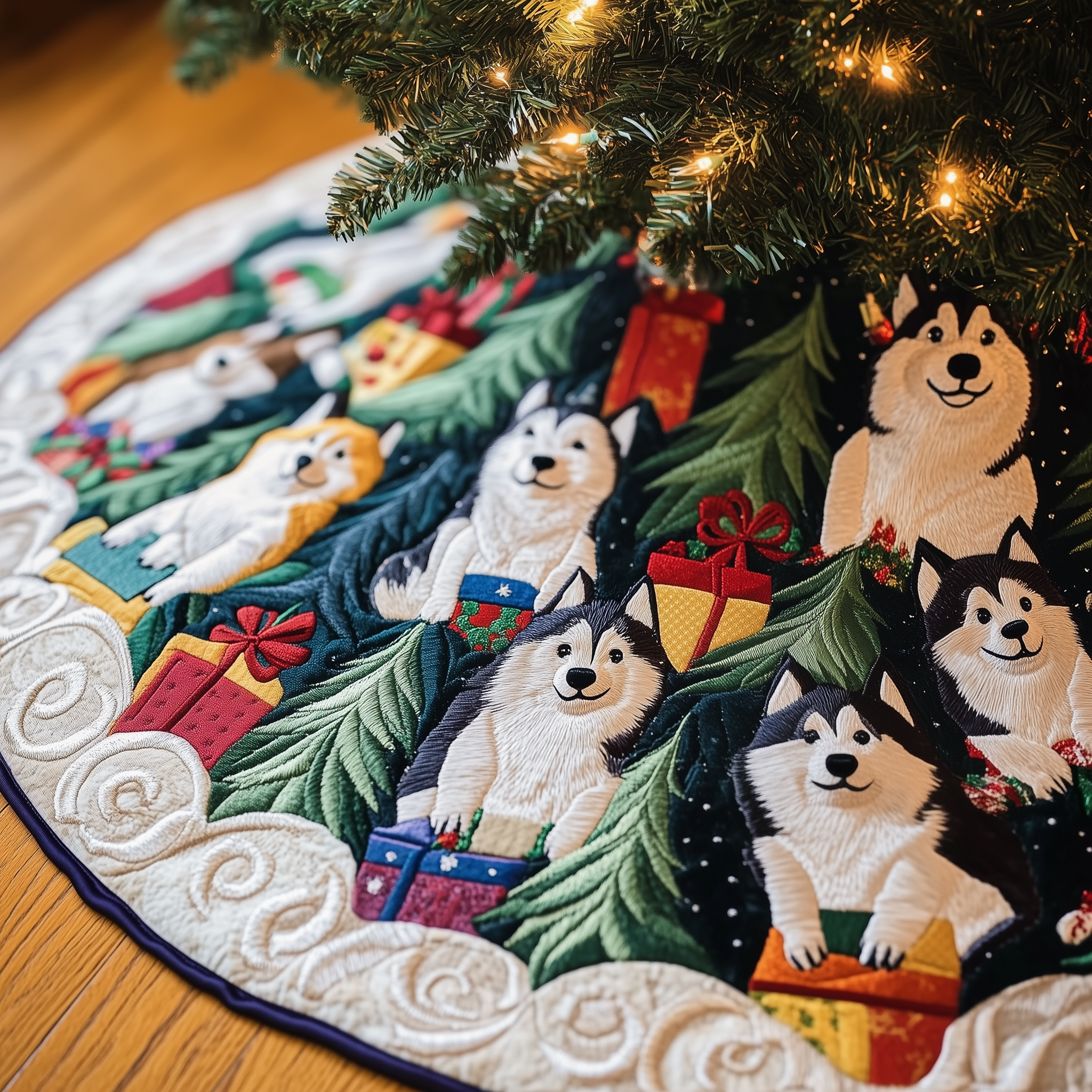 Christmas Husky Quilted Tree Skirt Warm Winter Home Merch