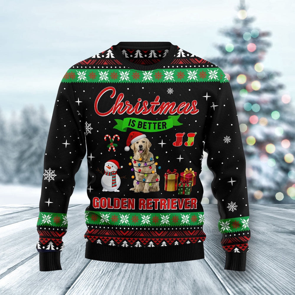Christmas Is Better With Golden Retriever Ugly Christmas Sweater Unisex Womens Mens Couples Matching Friends Funny Family Sweater Gifts