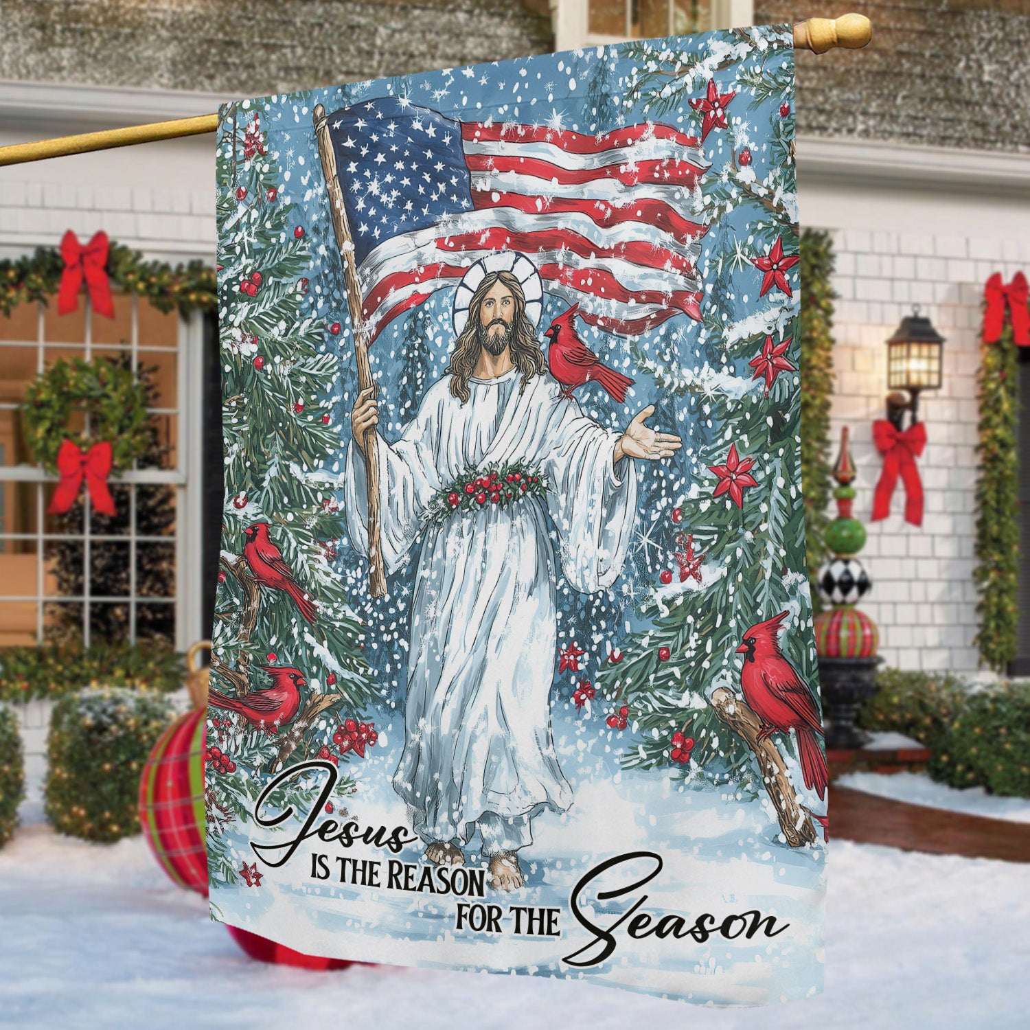 Christmas Jesus Usa Flag House Flag Jesus Is The Reason Christmas Gift For Jesus Lovers
