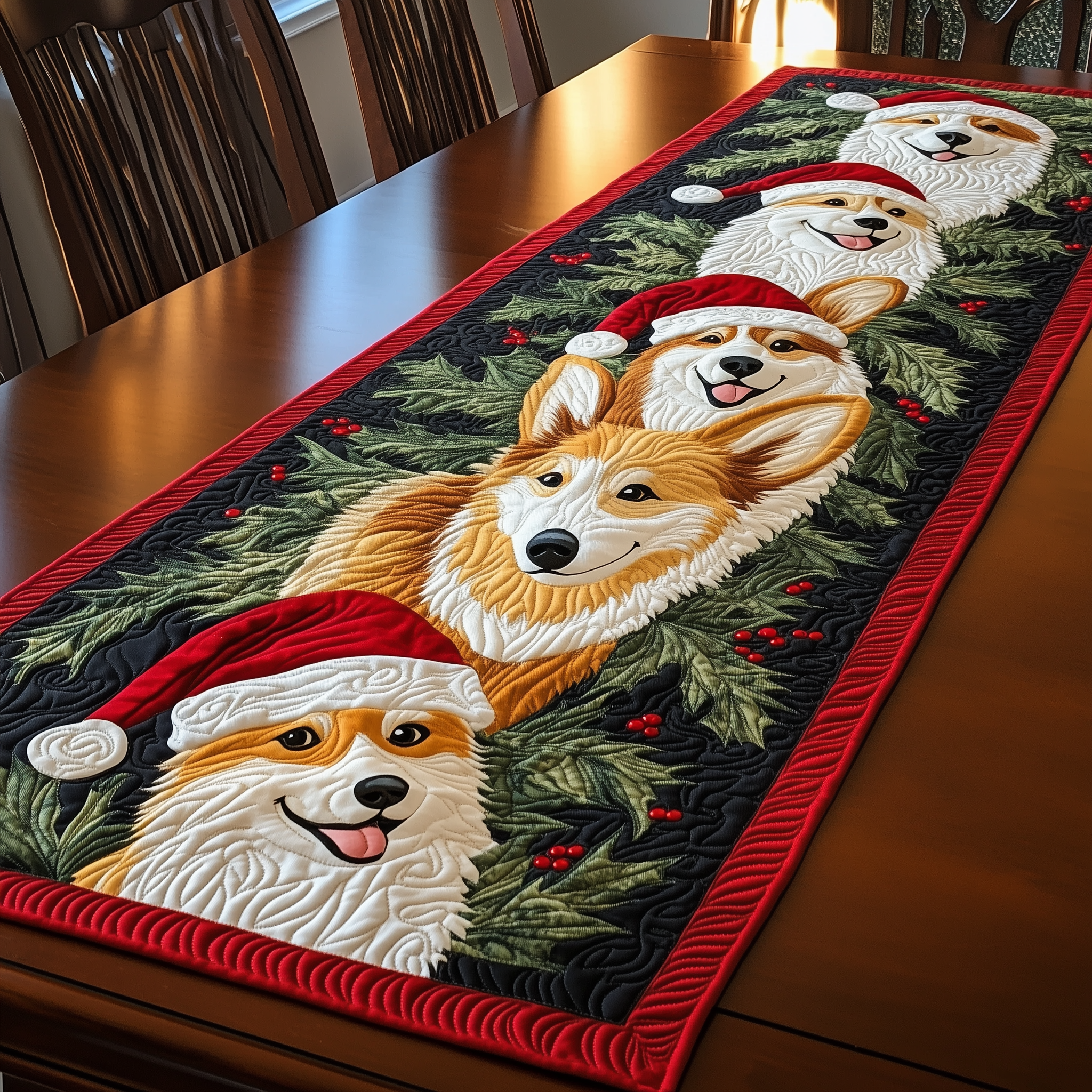 Christmas Joyful Corgi Quilted Table Runner Cute Holiday Dining Table Runner Decorations Corgi Christmas Gifts
