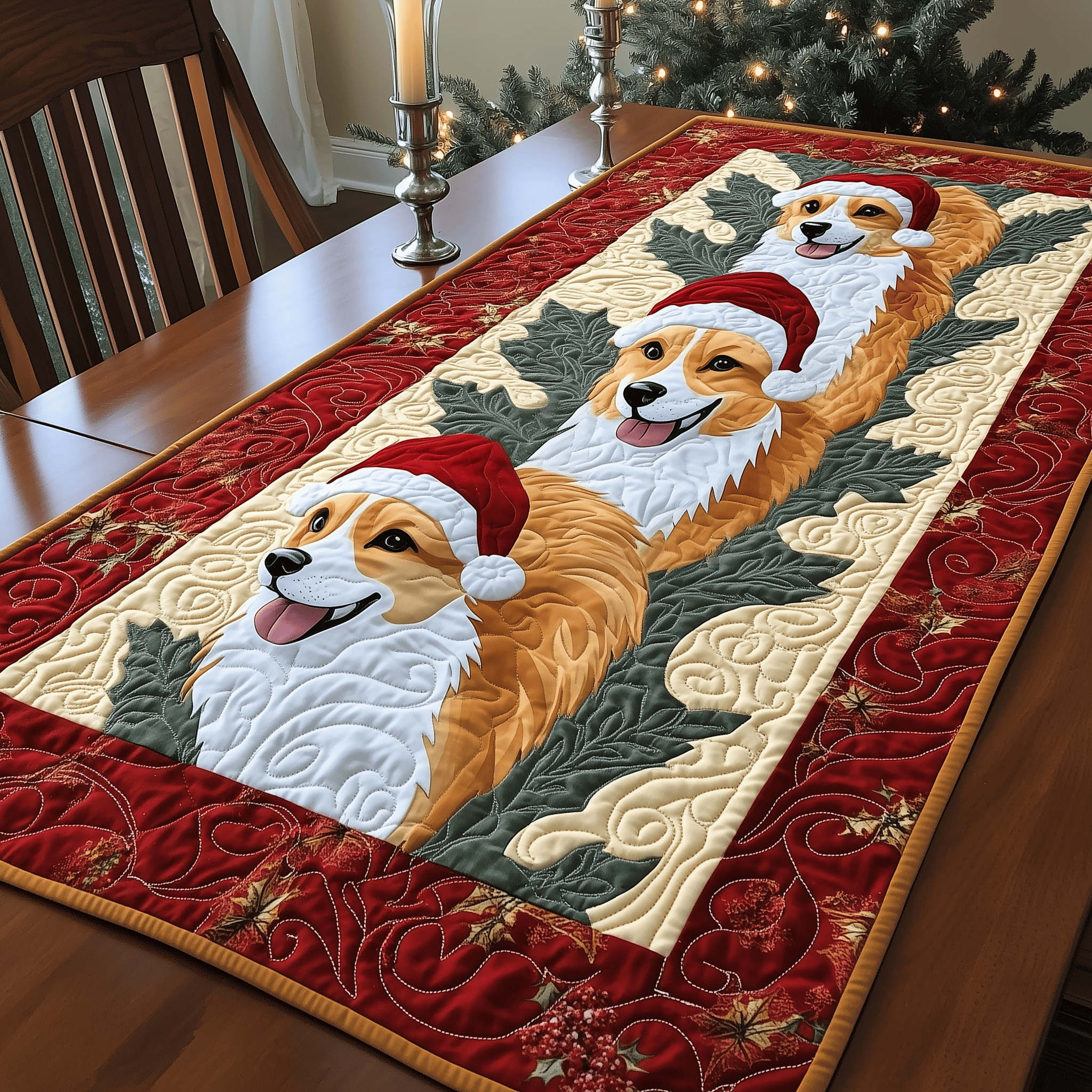 Christmas Joyful Corgi Quilted Table Runner Holiday Dining Table Runner Best Gifts For Corgi Lovers
