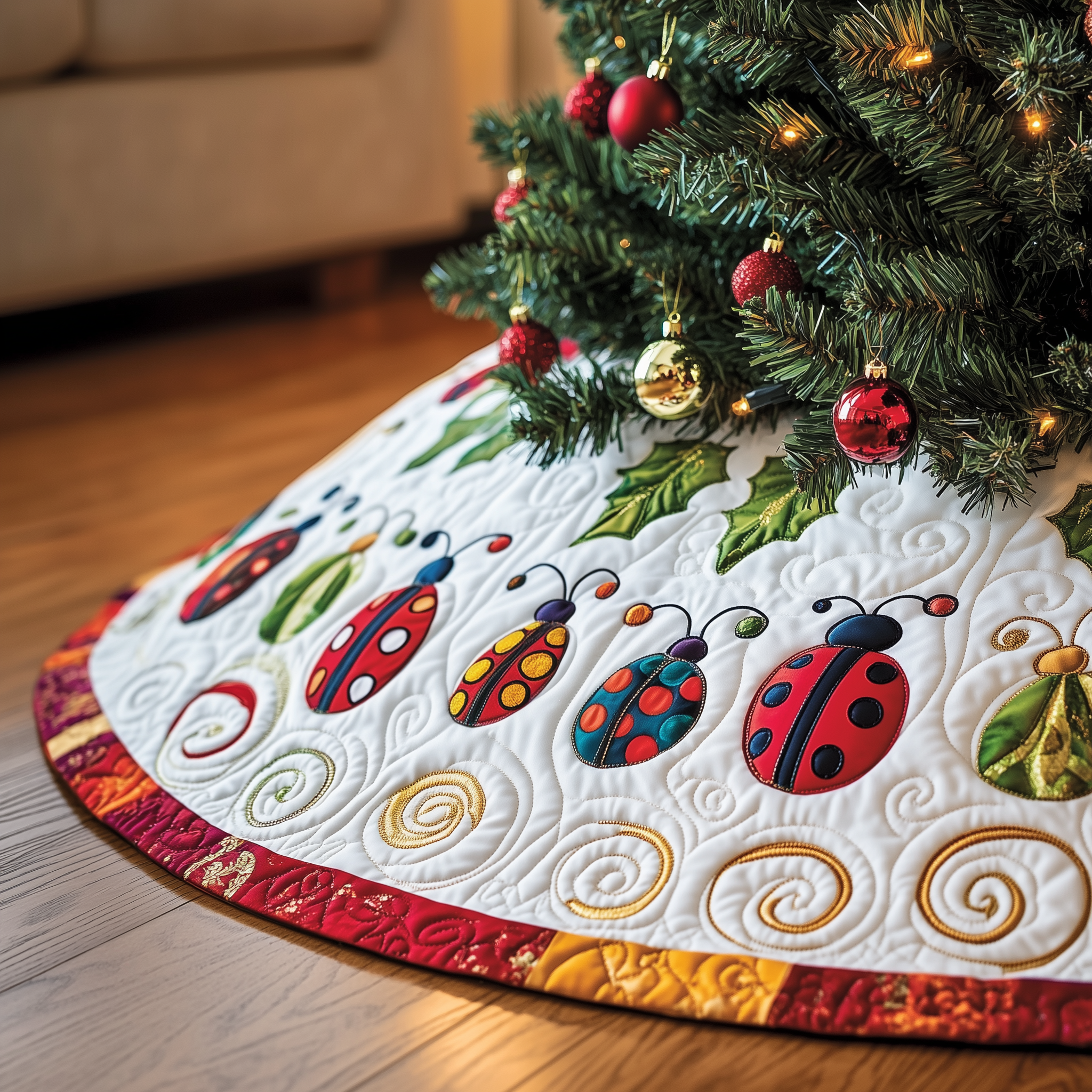Christmas Joyful Ladybug Quilted Tree Skirt Ideas For Family Christmas Gift Basket