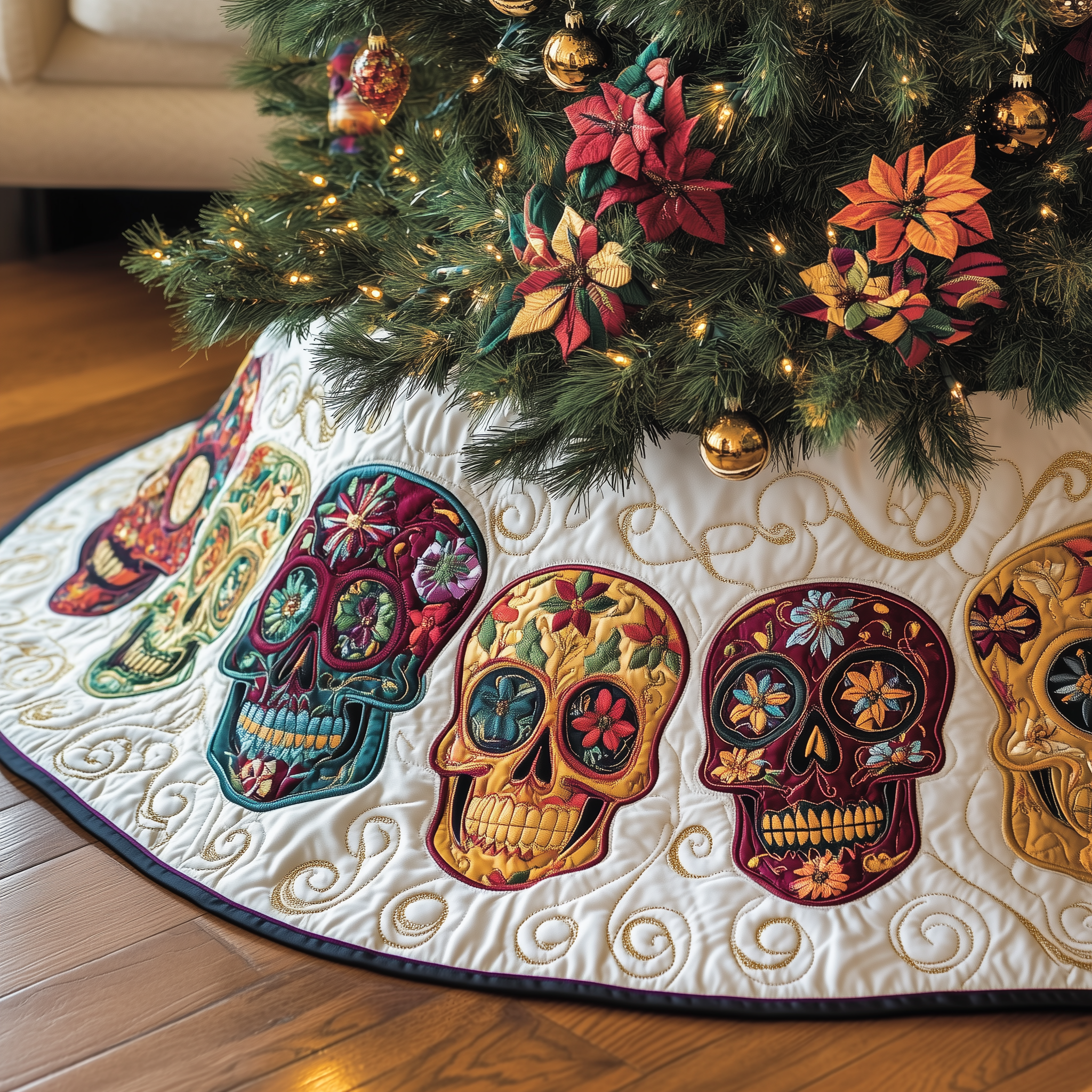 Christmas Joyful Skull Quilted Tree Skirt Charming Thanksgiving Gift Merch