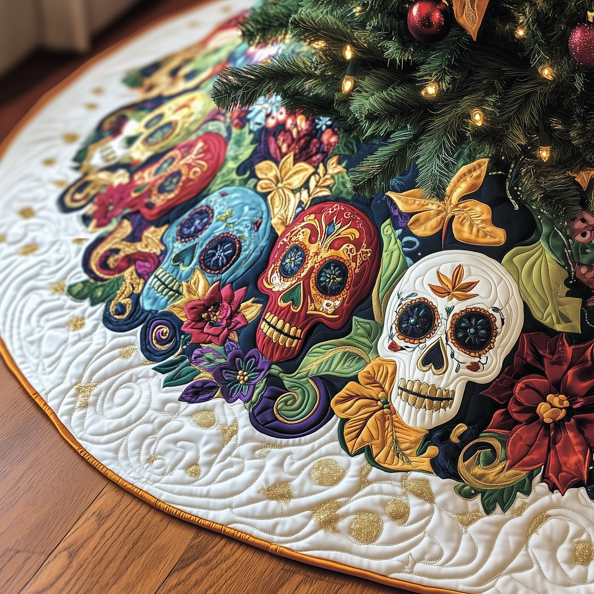Christmas Joyful Skull Quilted Tree Skirt Holiday Tree Skirt Xmas Tree Surround Base Cover Decorations