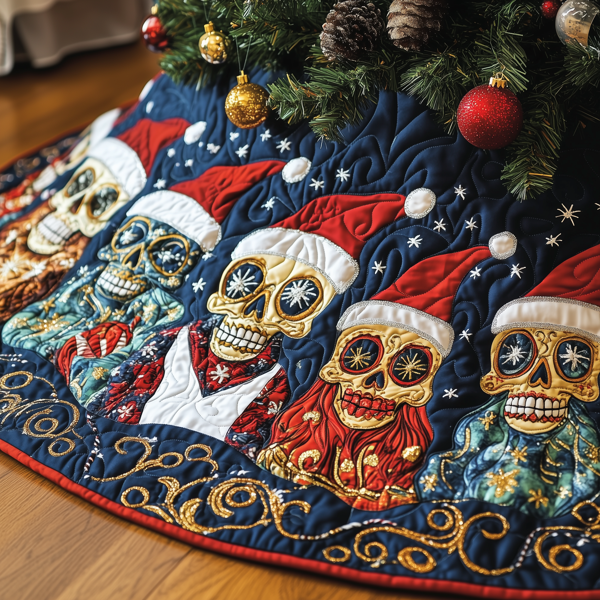 Christmas Joyful Skull Quilted Tree Skirt Holiday Tree Skirt Xmas Tree Surround Base Cover Decorations