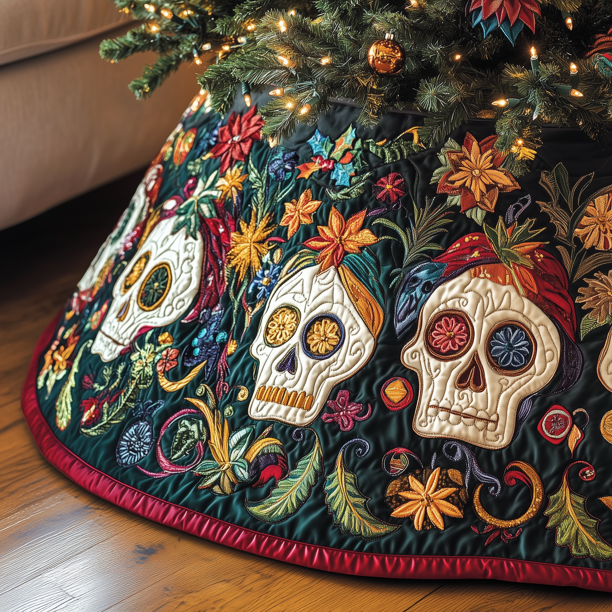 Christmas Joyful Skull Quilted Tree Skirt Joyful Holiday Season Gift Merch