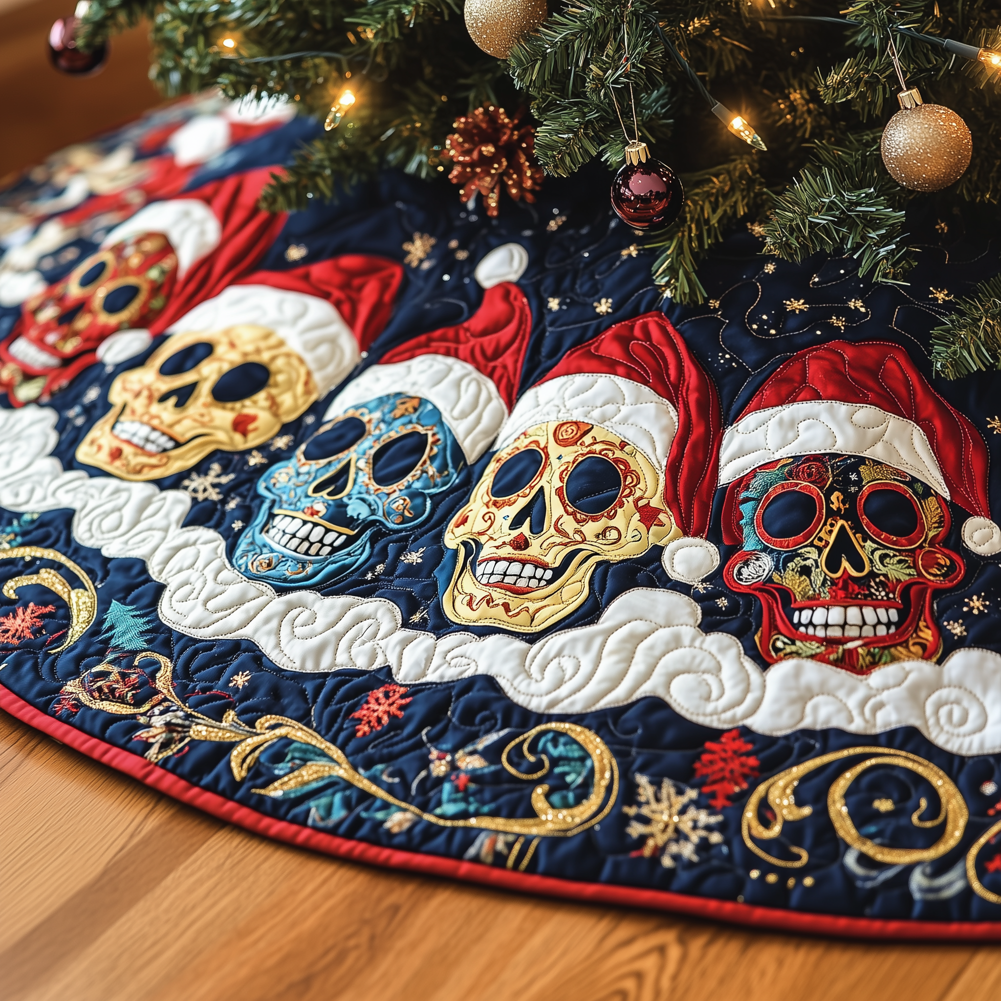 Christmas Joyful Skull Quilted Tree Skirt Special Birthday Gift Merch