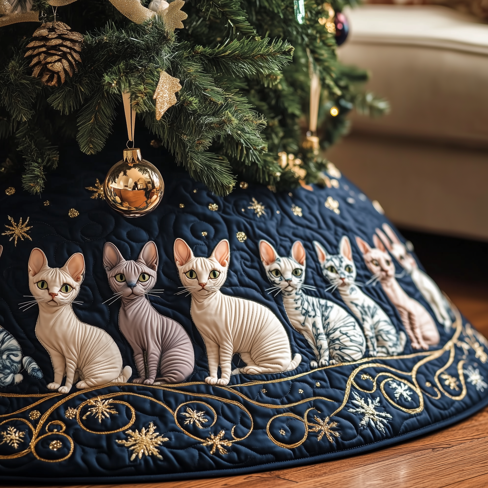 Christmas Joyful Sphynx Cat Quilted Tree Skirt Meaningful Anniversary Gift Merch