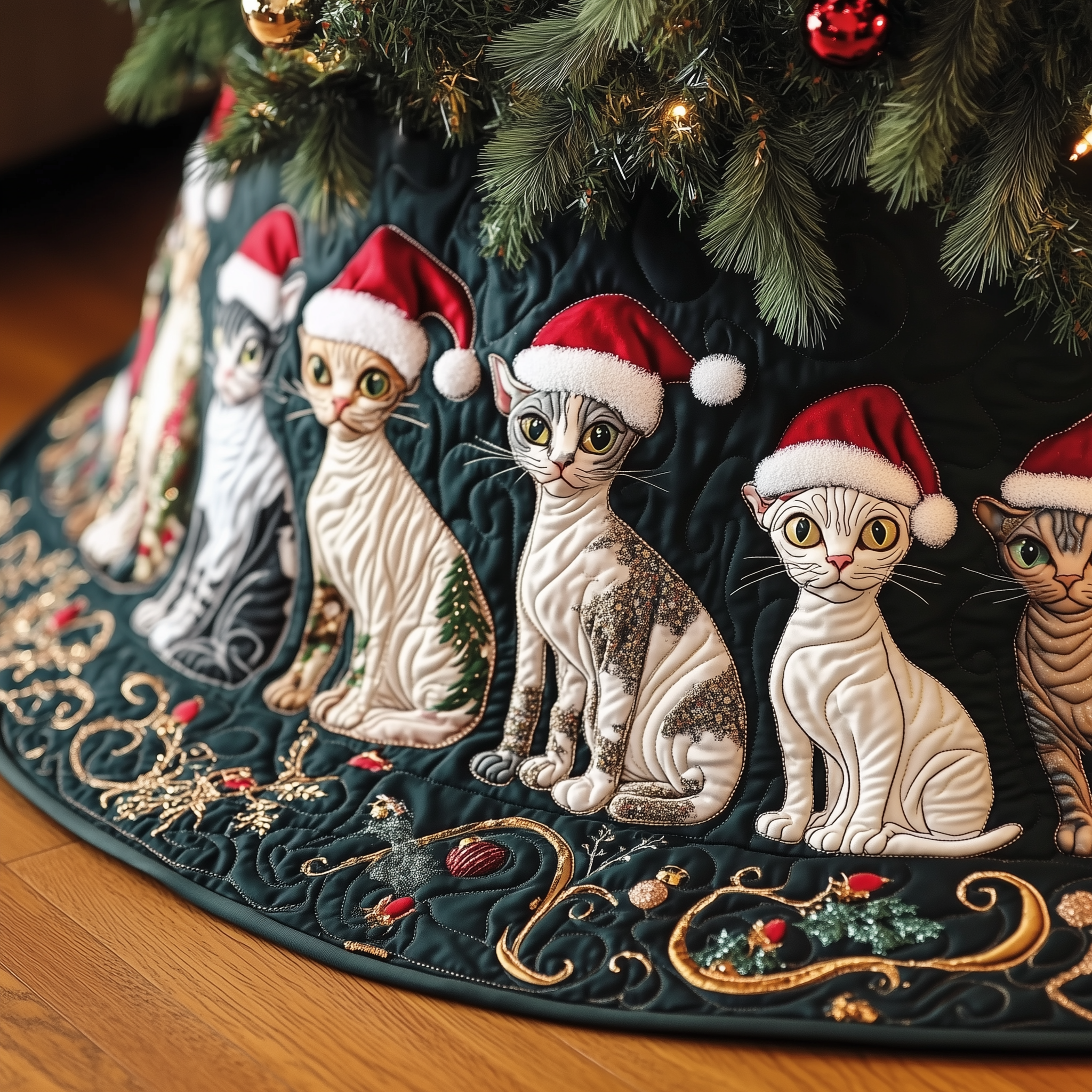 Christmas Joyful Sphynx Cat Quilted Tree Skirt Thoughtful Gift Merch For Dad