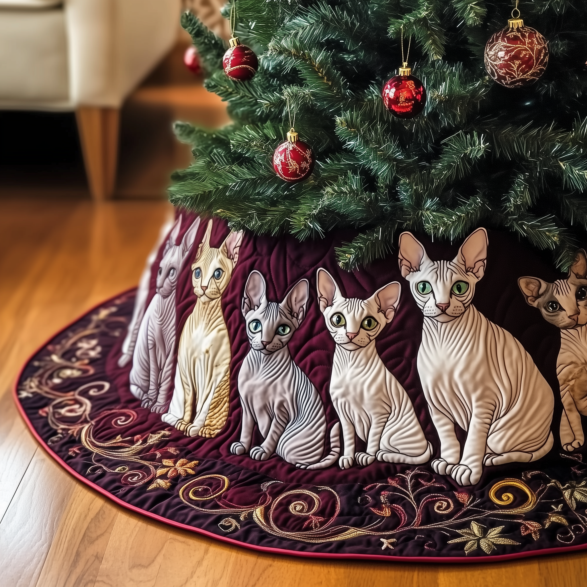Christmas Joyful Sphynx Cat Quilted Tree Skirt Unique Gift Merch For Friends