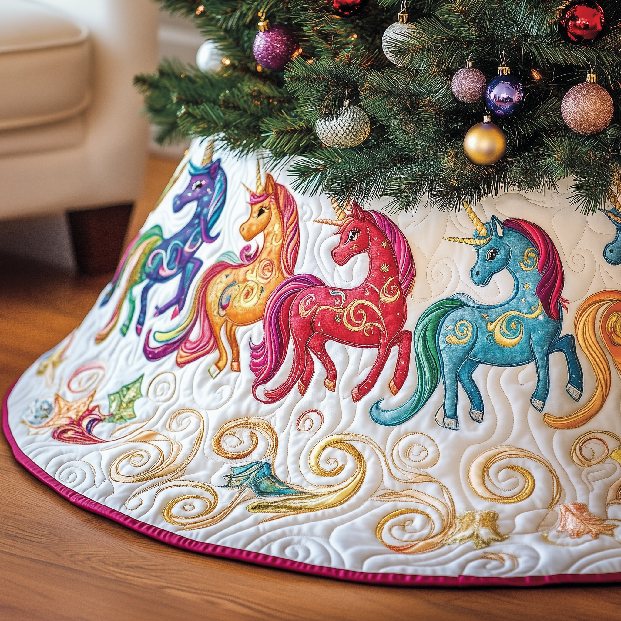 Christmas Joyful Unicorn Quilted Tree Skirt Christmas Tree Skirt Best Christmas Gifts For Grandchildren