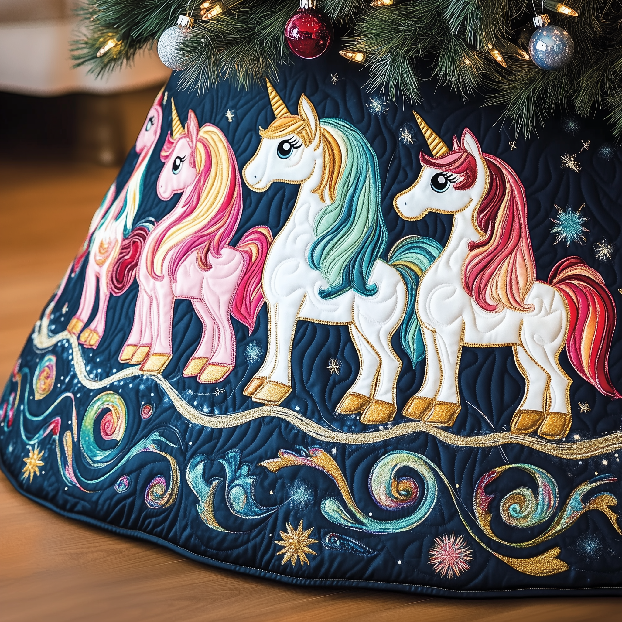 Christmas Joyful Unicorn Quilted Tree Skirt Warm Gift Merch For Family