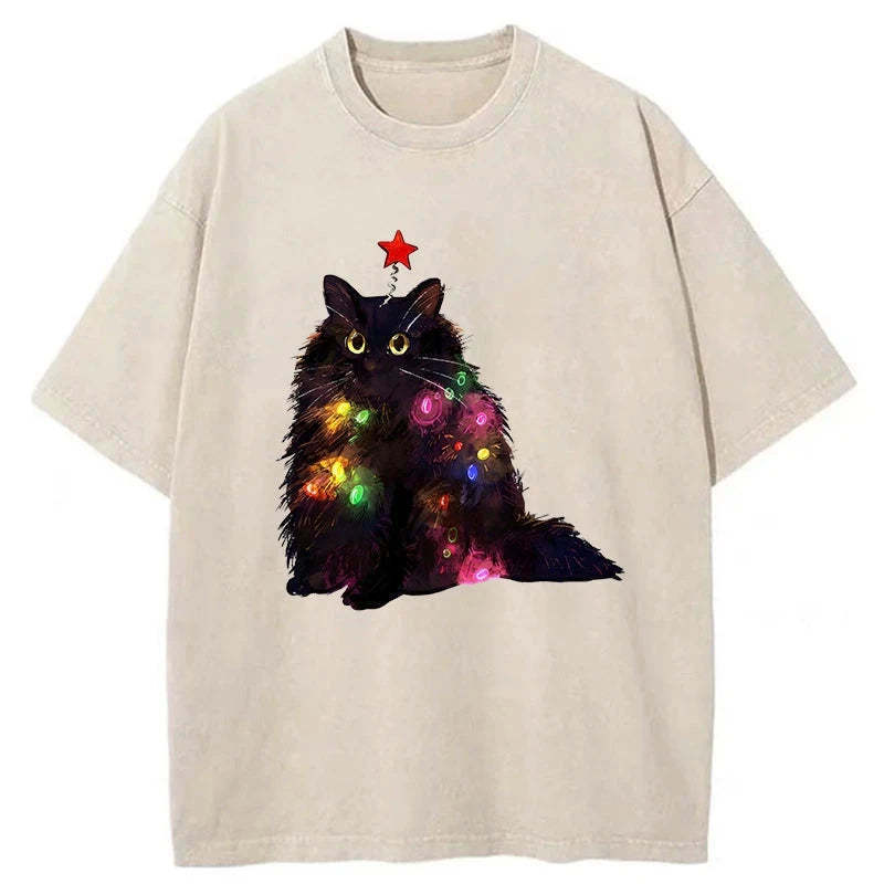 Christmas Lights Cat Washed T-Shirt Cool Graphic Tee For Men Women Gifts For Friends