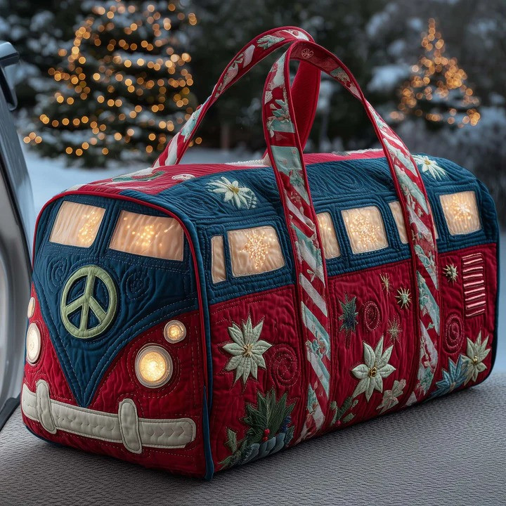 Christmas Lights Poinsettia VW Bus Quilted Duffle Bag Holiday Travel Bag Gift For Christmas Lovers