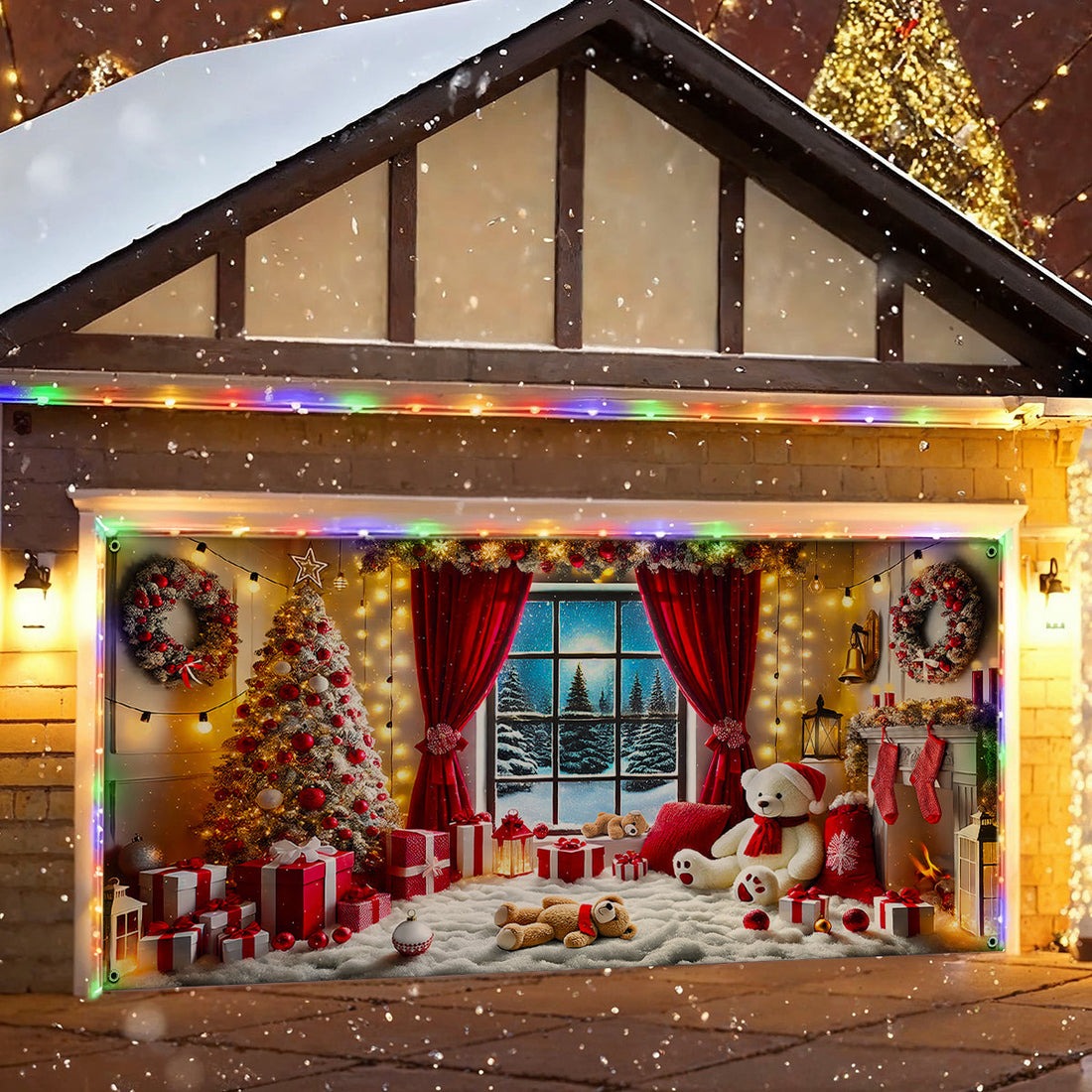 Christmas Memories By The Hearth Garage Door Cover Teddy Scene Outdoor Decor Xmas Presents