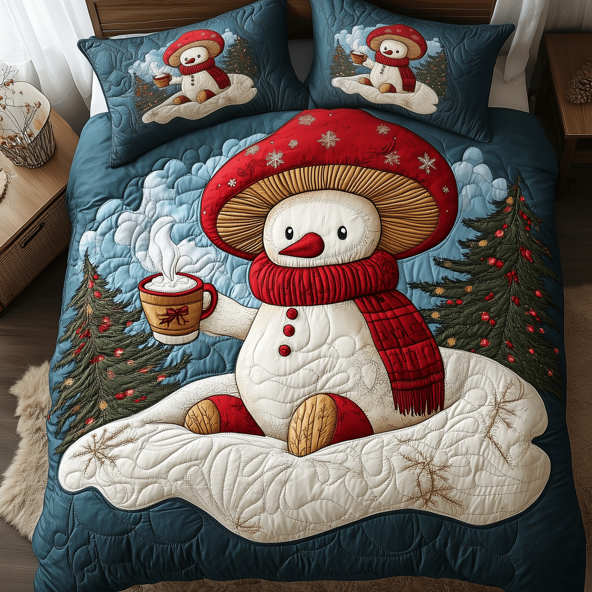 Christmas Mushroom Quilted Bedding Set Christmas Bedding Set Top Christmas Gifts 2024