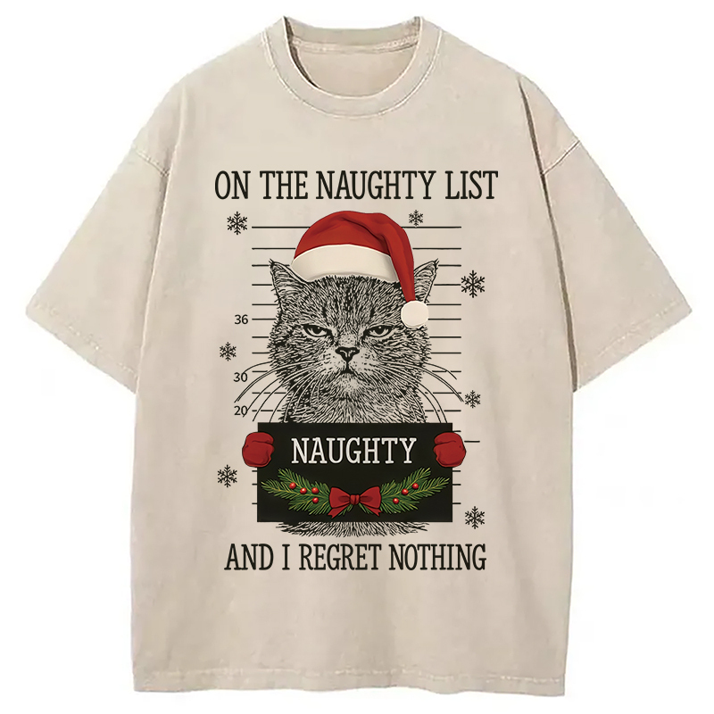 Christmas Naughty Cat Washed T-Shirt Soft Cotton Daily Wear Tee Gifts For Besties