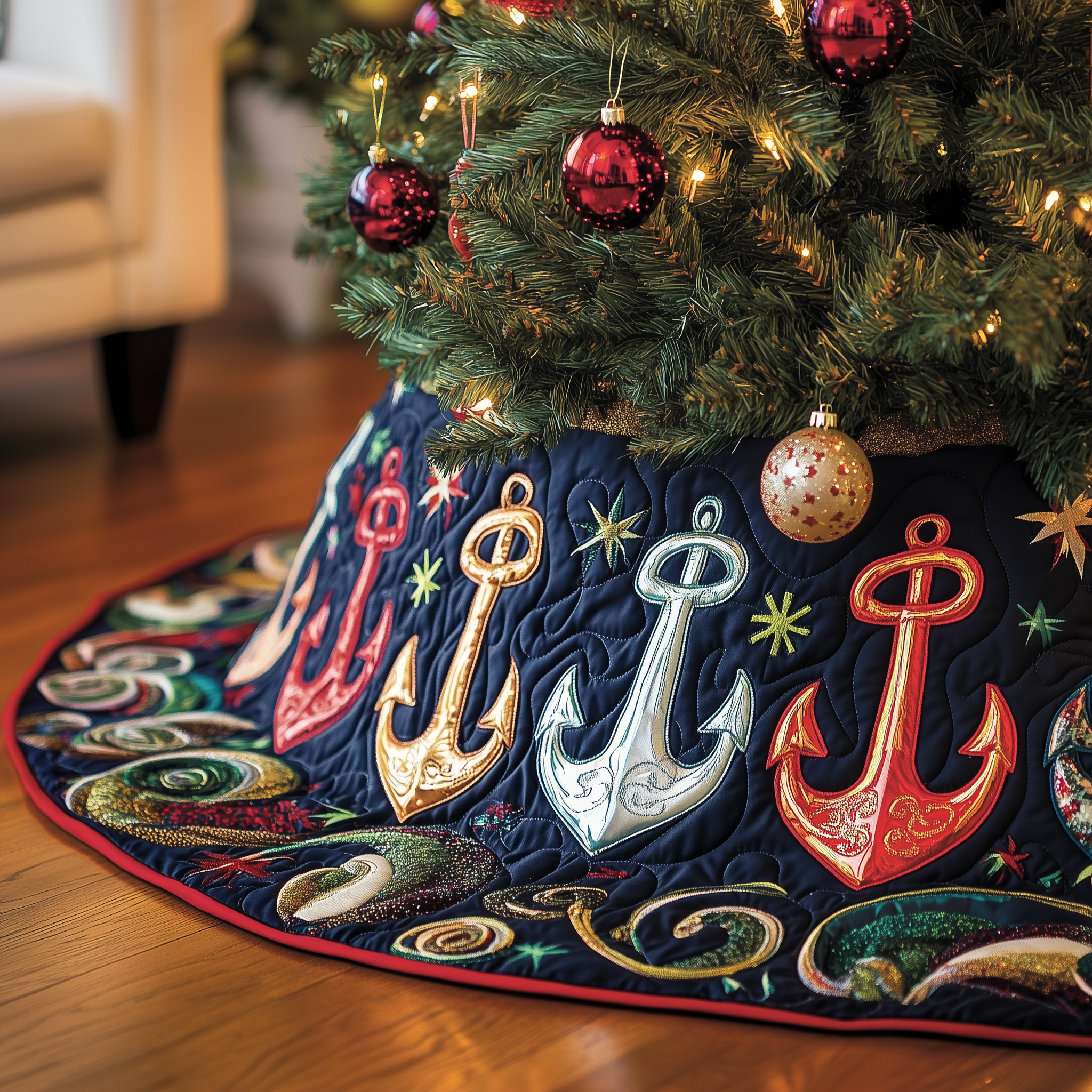 Christmas Nautical Quilted Tree Skirt Christmas Tree Bottom Cover Dad Gifts From Daughter For Christmas