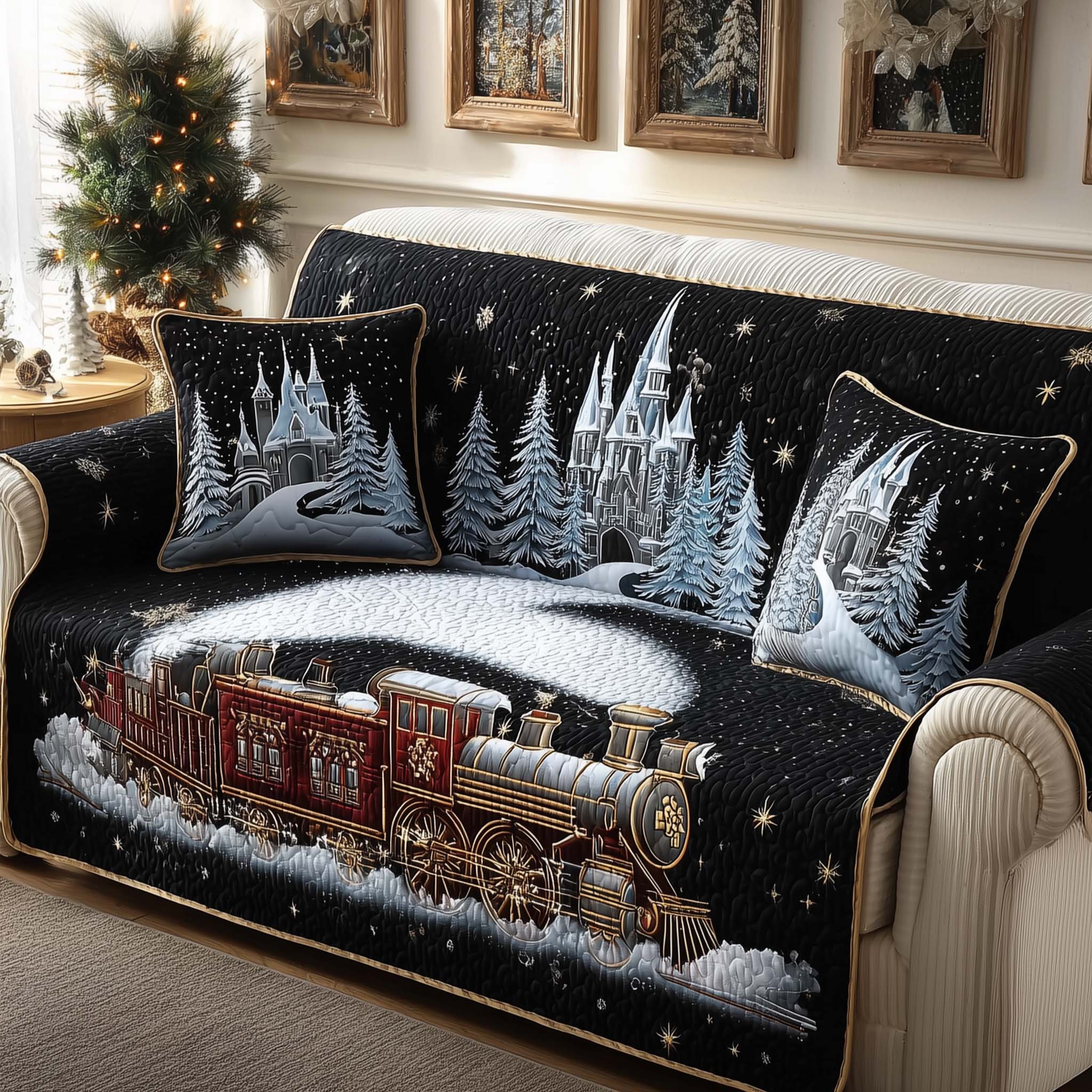Christmas Night Journey Quilted Sofa Cover Starry Night Train Gifts For Christmas