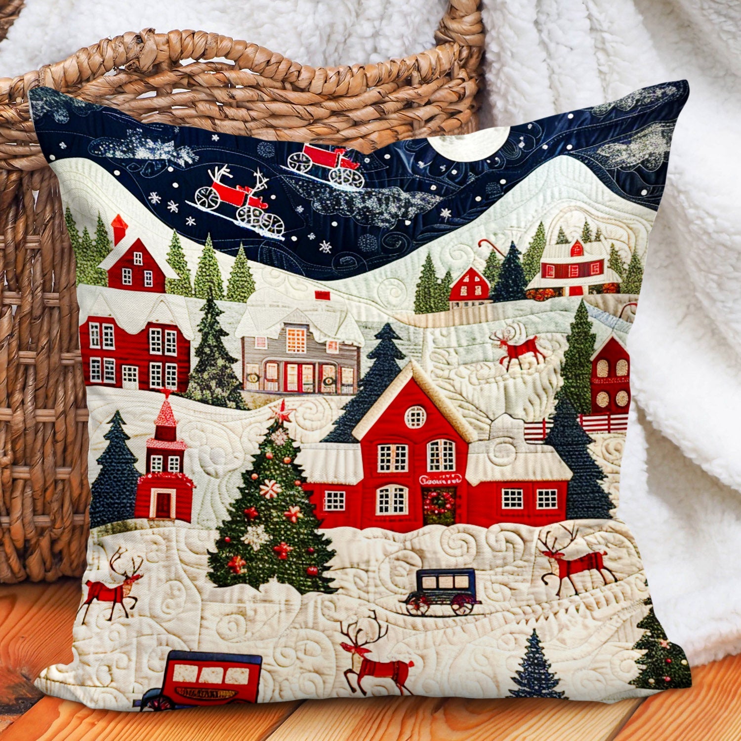 Christmas Night Quilted Pillow Case Cozy Winter Cushion Cover