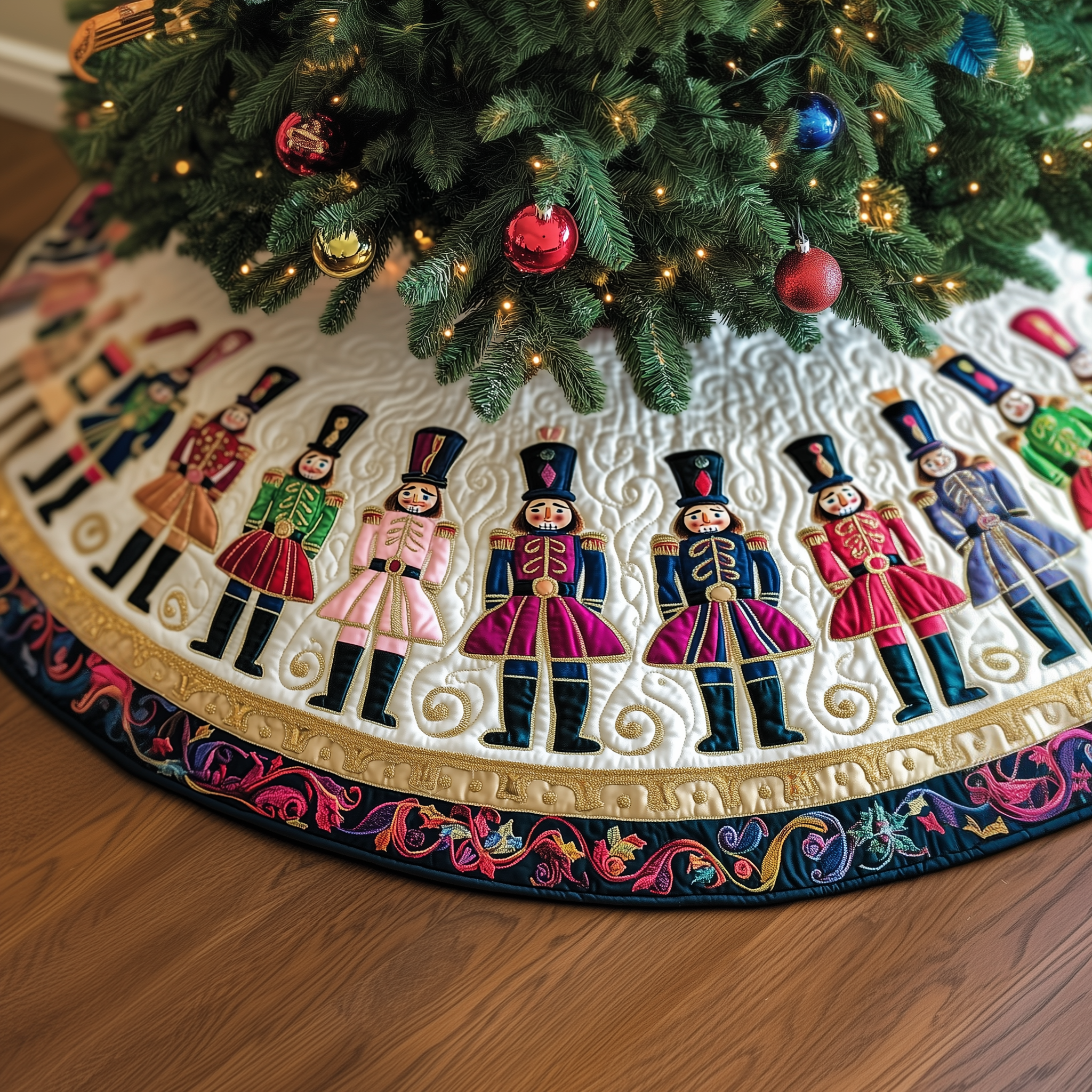 Christmas Nutcracker Quilted Tree Skirt Holiday Tree Base Decoration Family Holiday Gathering Decor