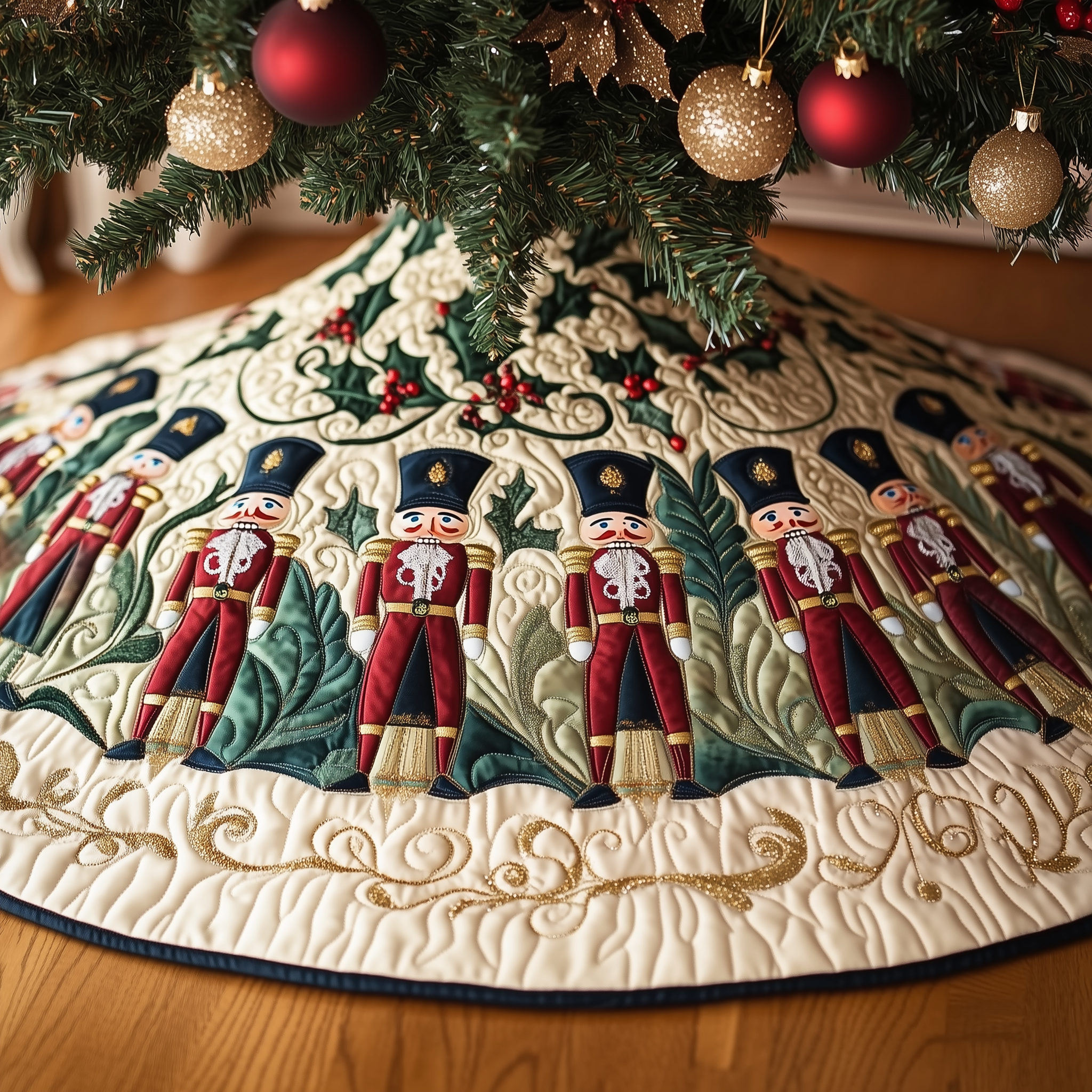 Christmas Nutcracker Quilted Tree Skirt Joyful Holiday Season Gift Merch