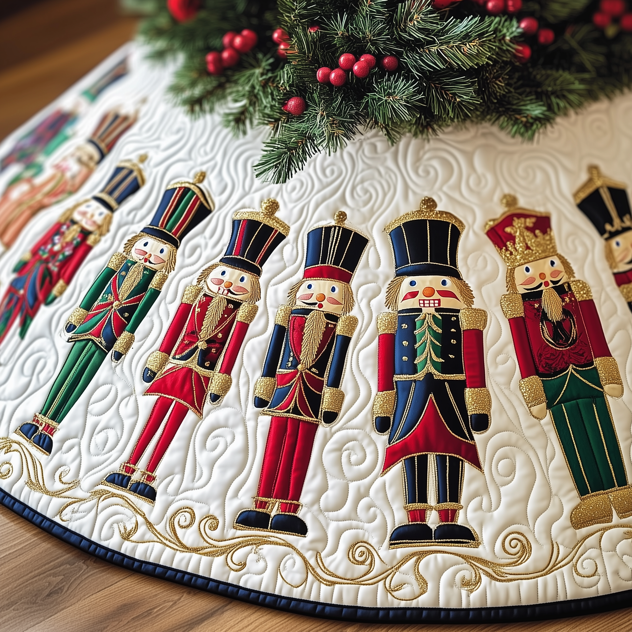 Christmas Nutcracker Quilted Tree Skirt Seasonal Tree Area Decoration Xmas Under-Tree Decoration