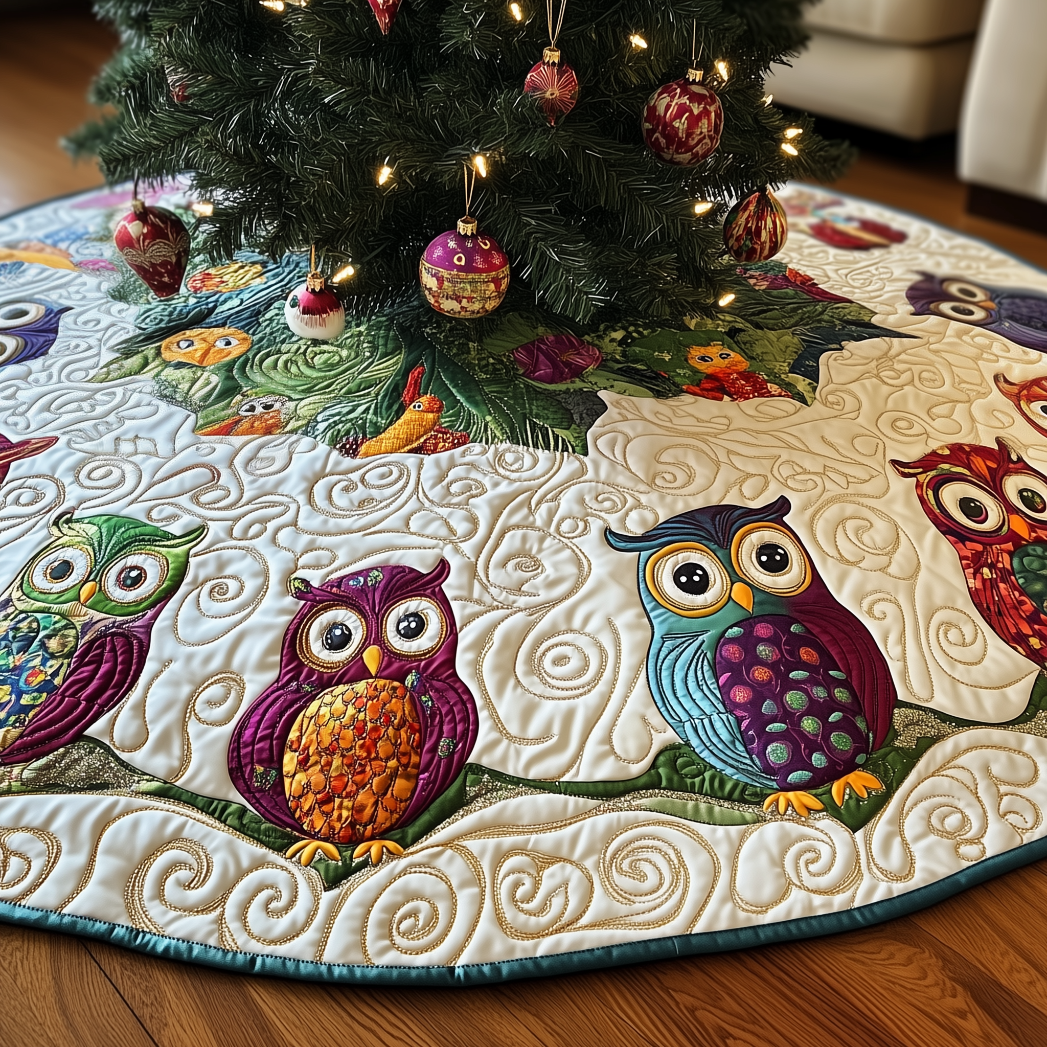 Christmas Owl Quilted Tree Skirt Perfect Christmas Gift Merch
