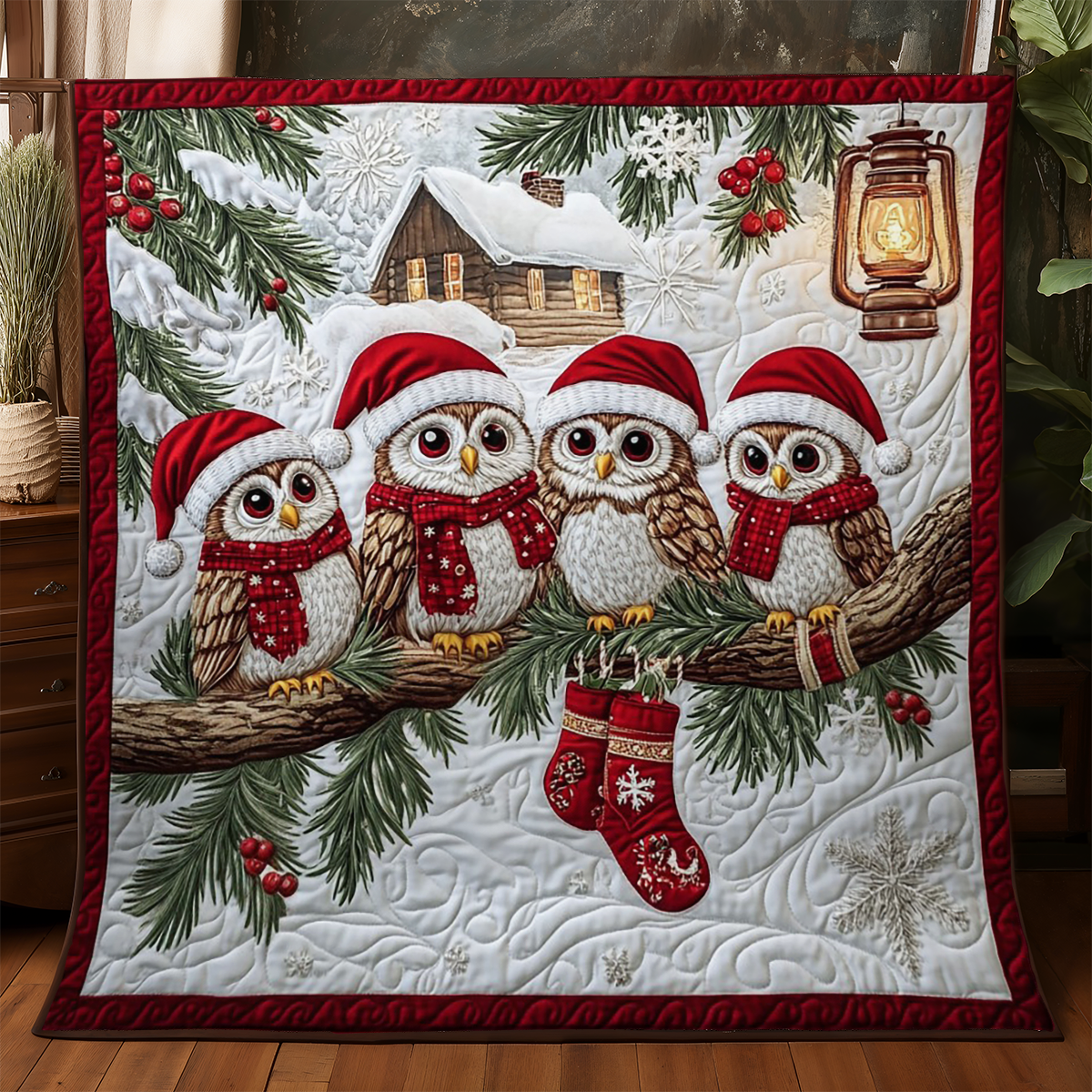 Christmas Owls Quilted Blanket Queen Size Blanket Xmas Gifts For Teens