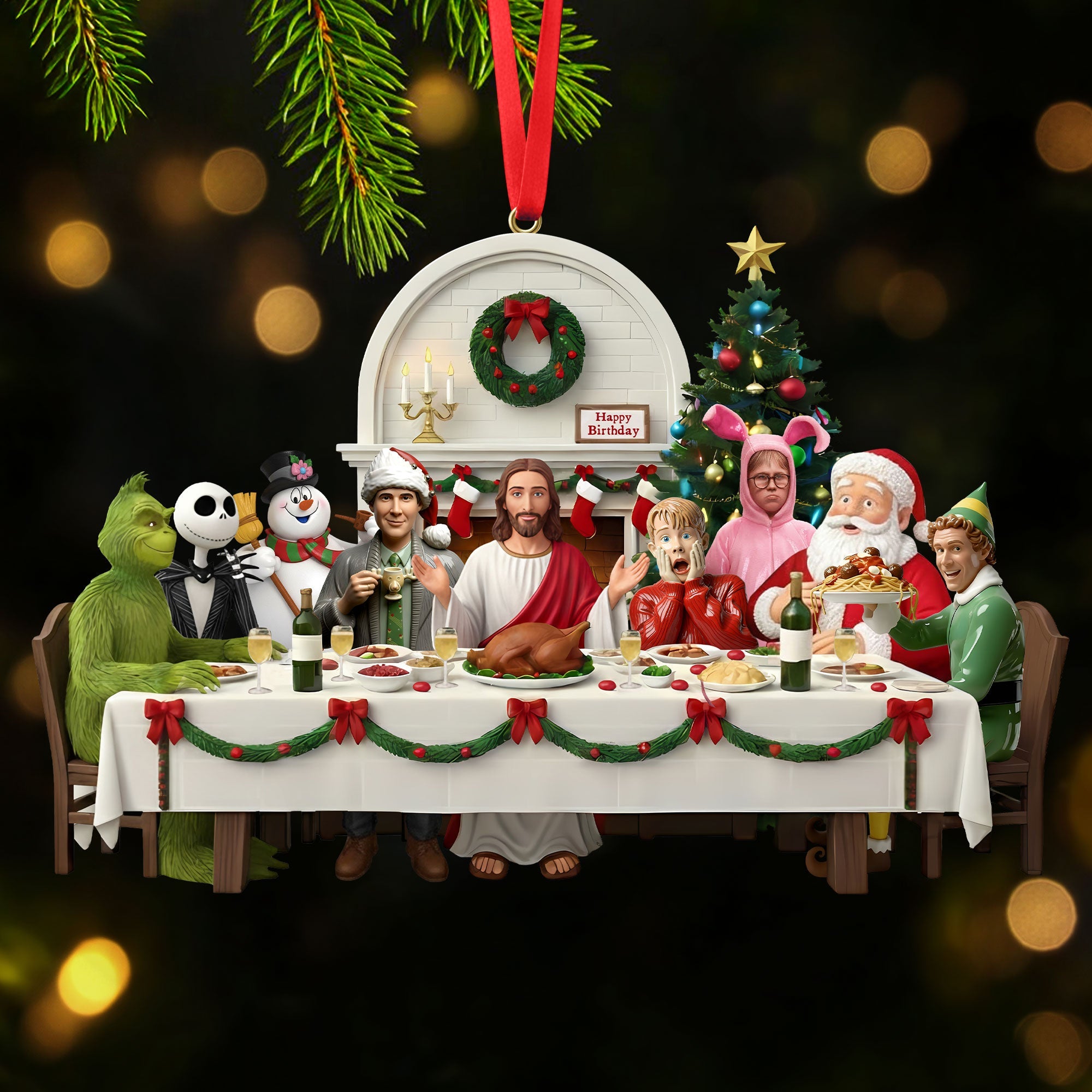 Christmas Party With Jesus Christ Ornament - Personalized For Christians and Classic Christmas Movie Lovers - Holiday Tree Decoration Gift