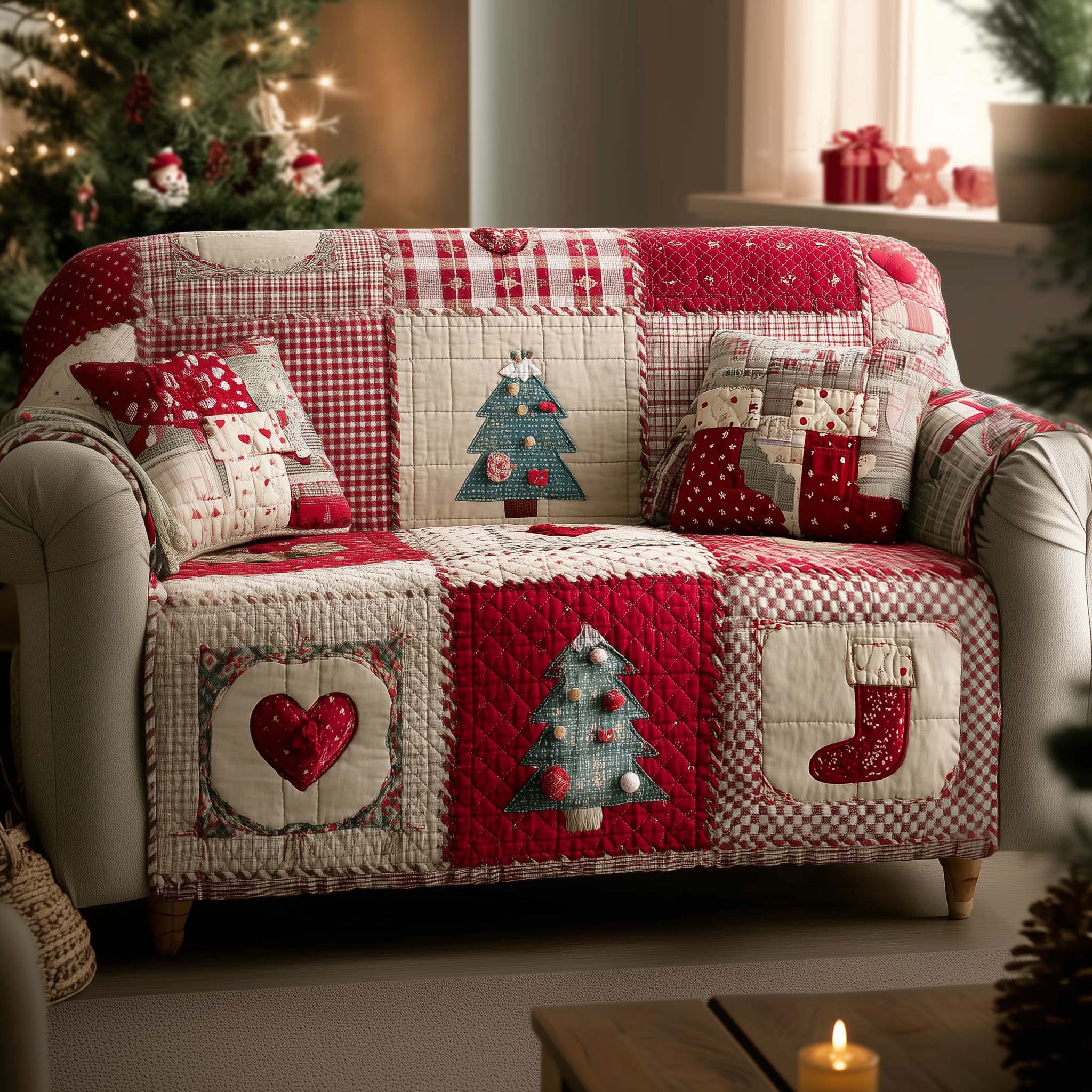 Christmas Patchwork Quilted Sofa Cover Classic Holiday Quilted Protector Christmas Gift Idea