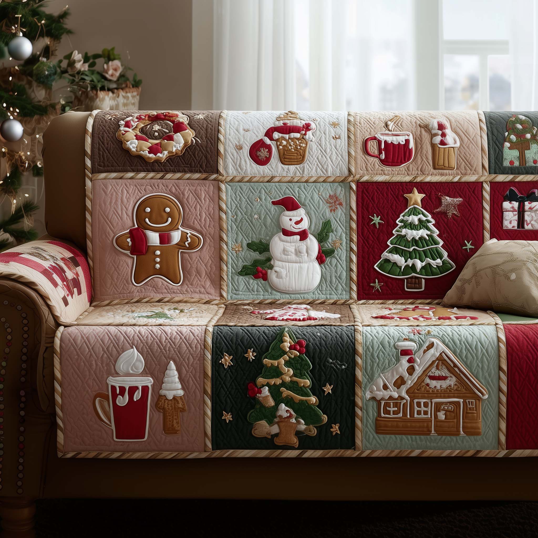 Christmas Patchwork Quilted Sofa Cover Festive Geometric Design Christmas Gift Idea