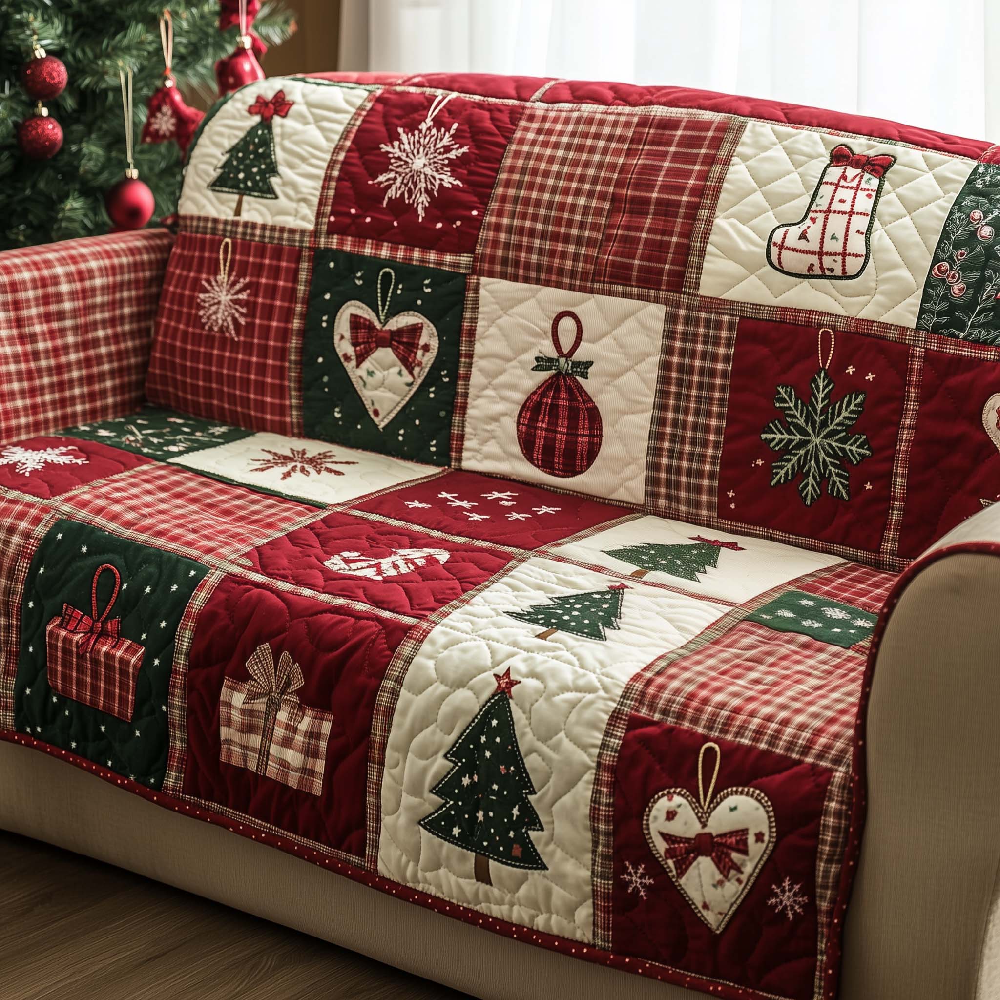Christmas Patchwork Quilted Sofa Cover Festive Quilt Protector Anti-Slip Christmas Gift Idea
