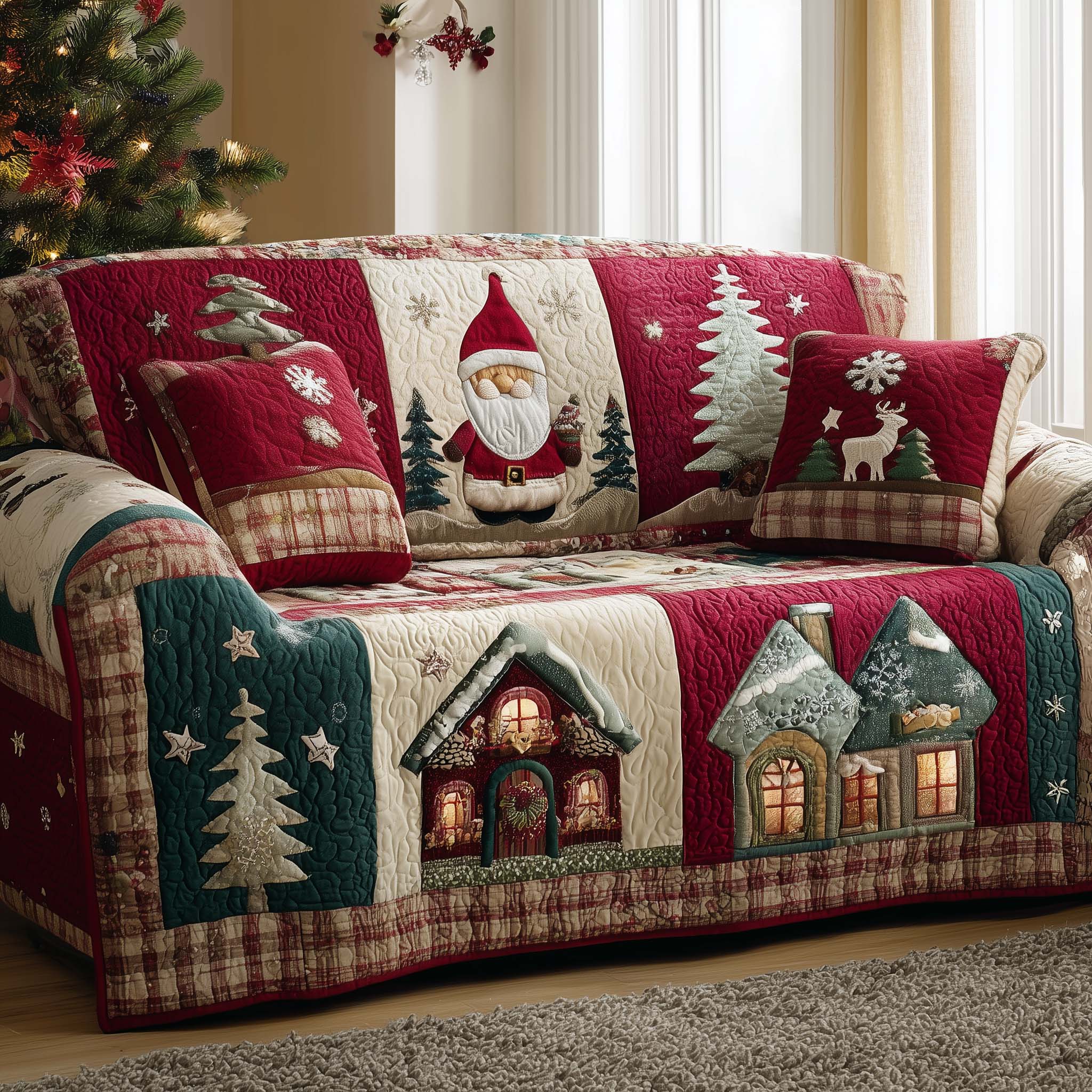 Christmas Patchwork Quilted Sofa Cover Holiday Fabric Quilt Pattern Christmas Gift Idea