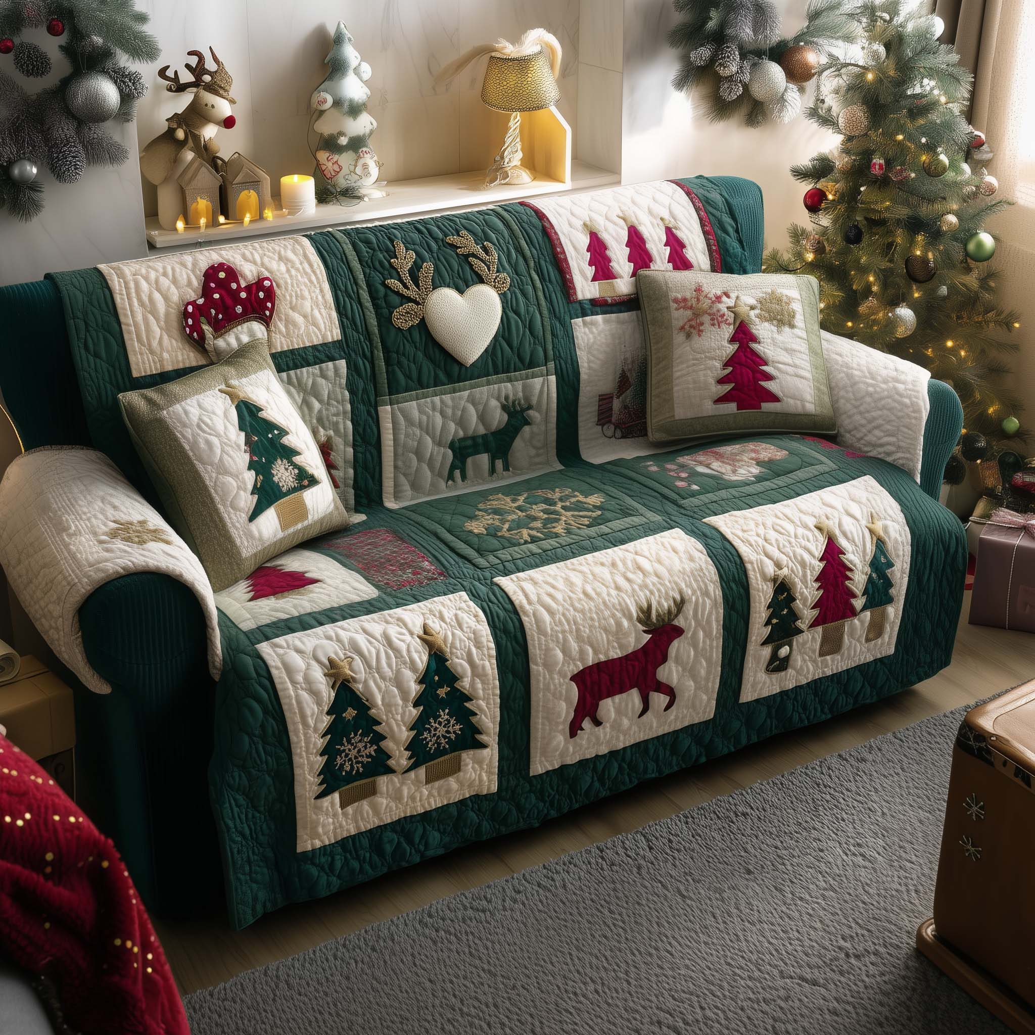 Christmas Patchwork Quilted Sofa Cover Holiday Quilted Square Motif Christmas Gift Idea