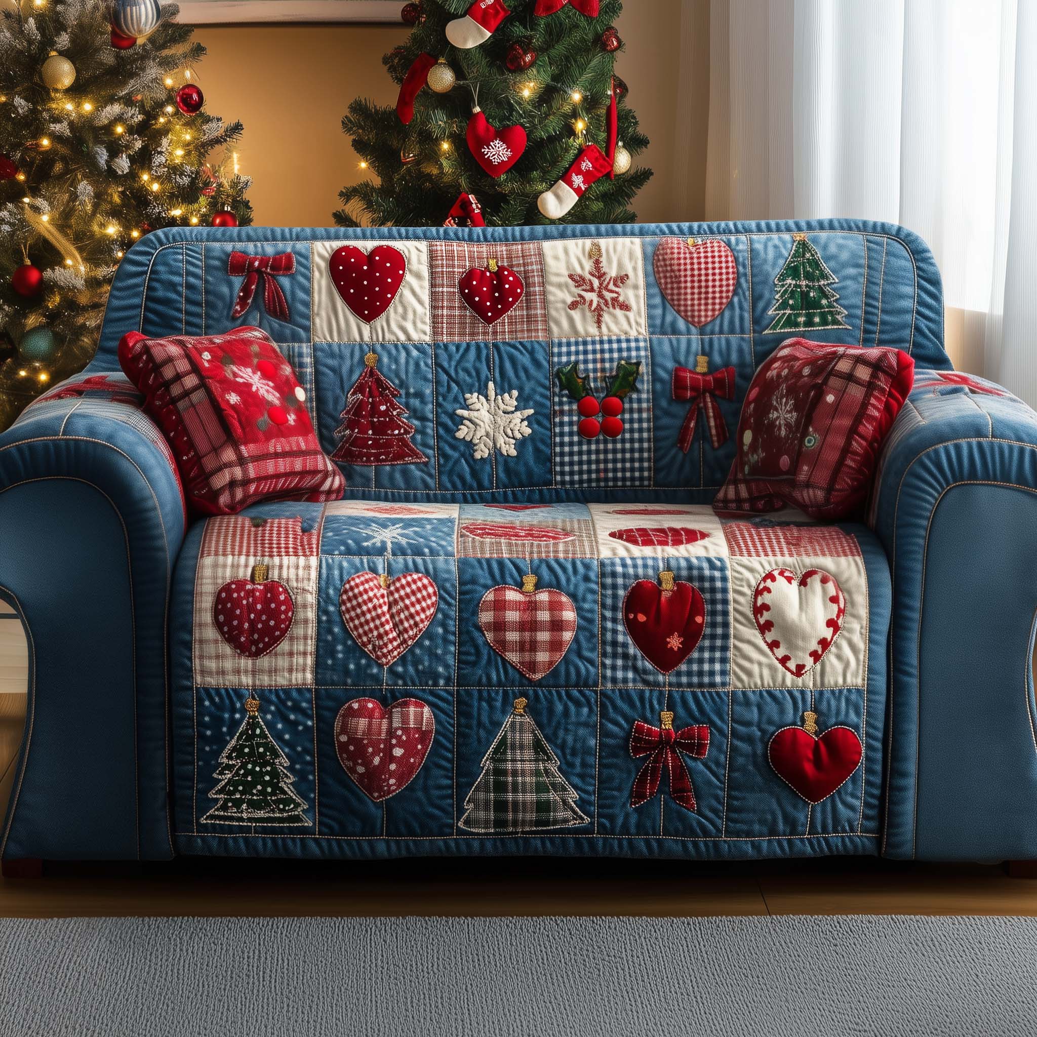 Christmas Patchwork Quilted Sofa Cover Rustic Heart Fabric Christmas Gift Ideas