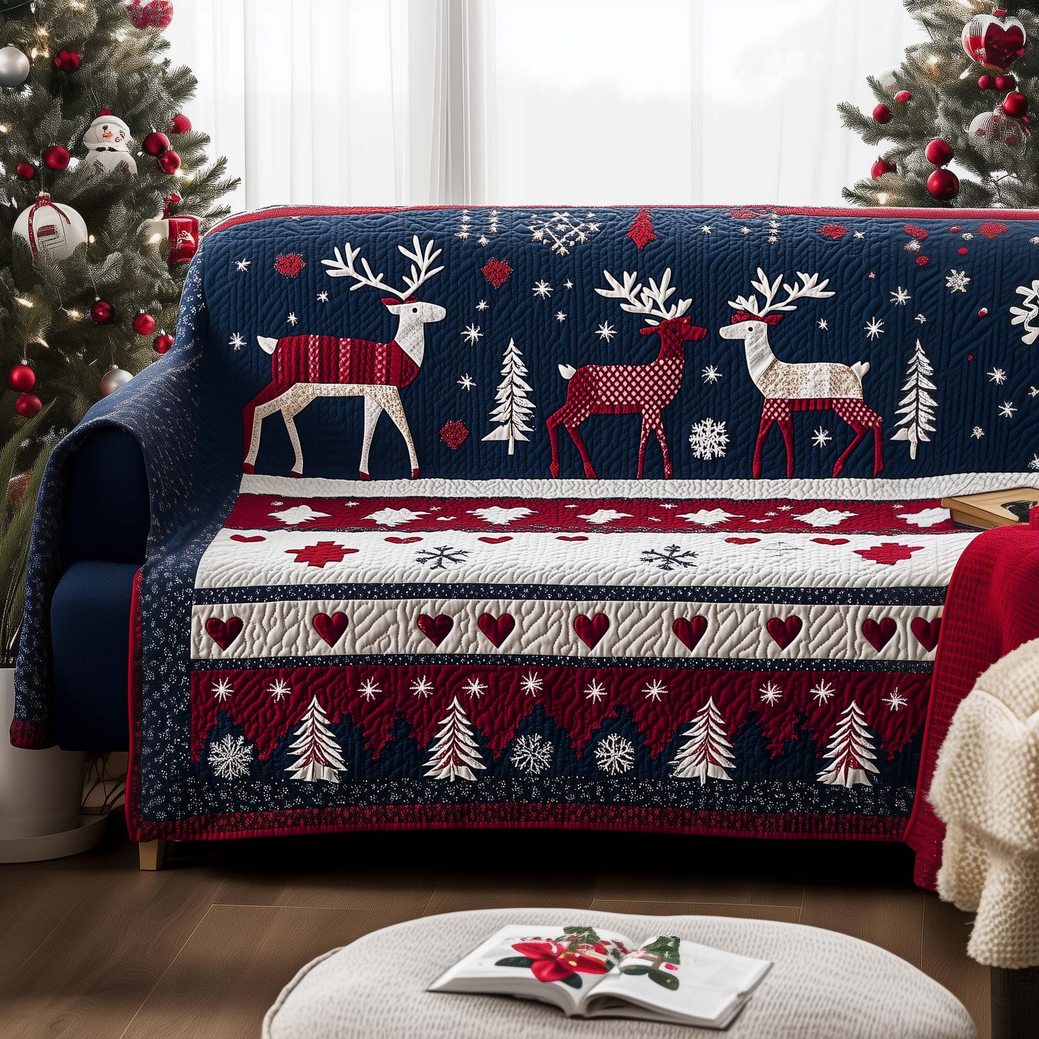 Christmas Patchwork Quilted Sofa Cover Seasonal Quilted Block Design Deer Themed Gifts For Him