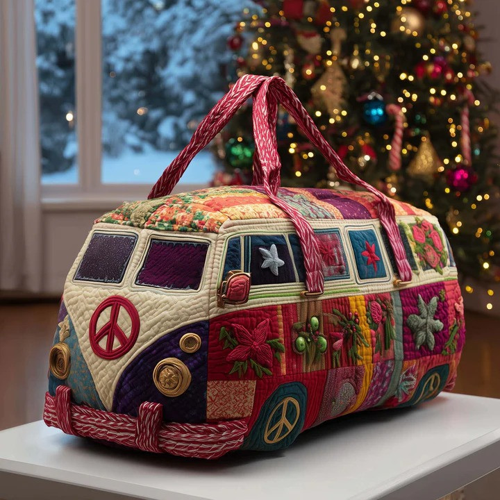 Christmas Patchwork VW Bus Quilted Duffle Bag Holiday Travel Bag Best Gift For Christmas Lovers