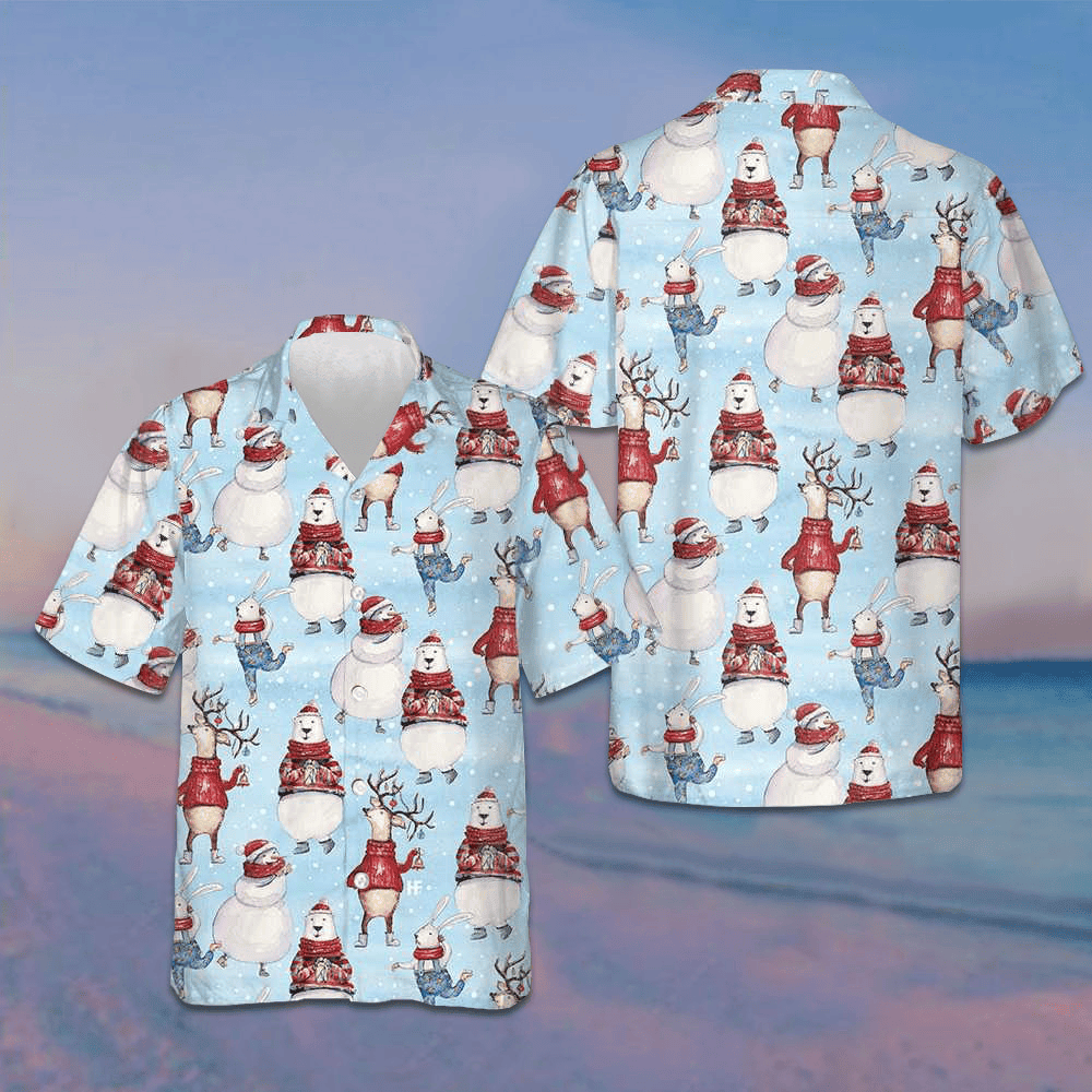 Christmas Pattern With Bunny And Snowman Hawaiian Shirt Merry Xmas Button Up Shirts For Men Christmas Pattern With Bunny And Snowman Hawaiian Shirt Merry Xmas Button Up Shirts For Men